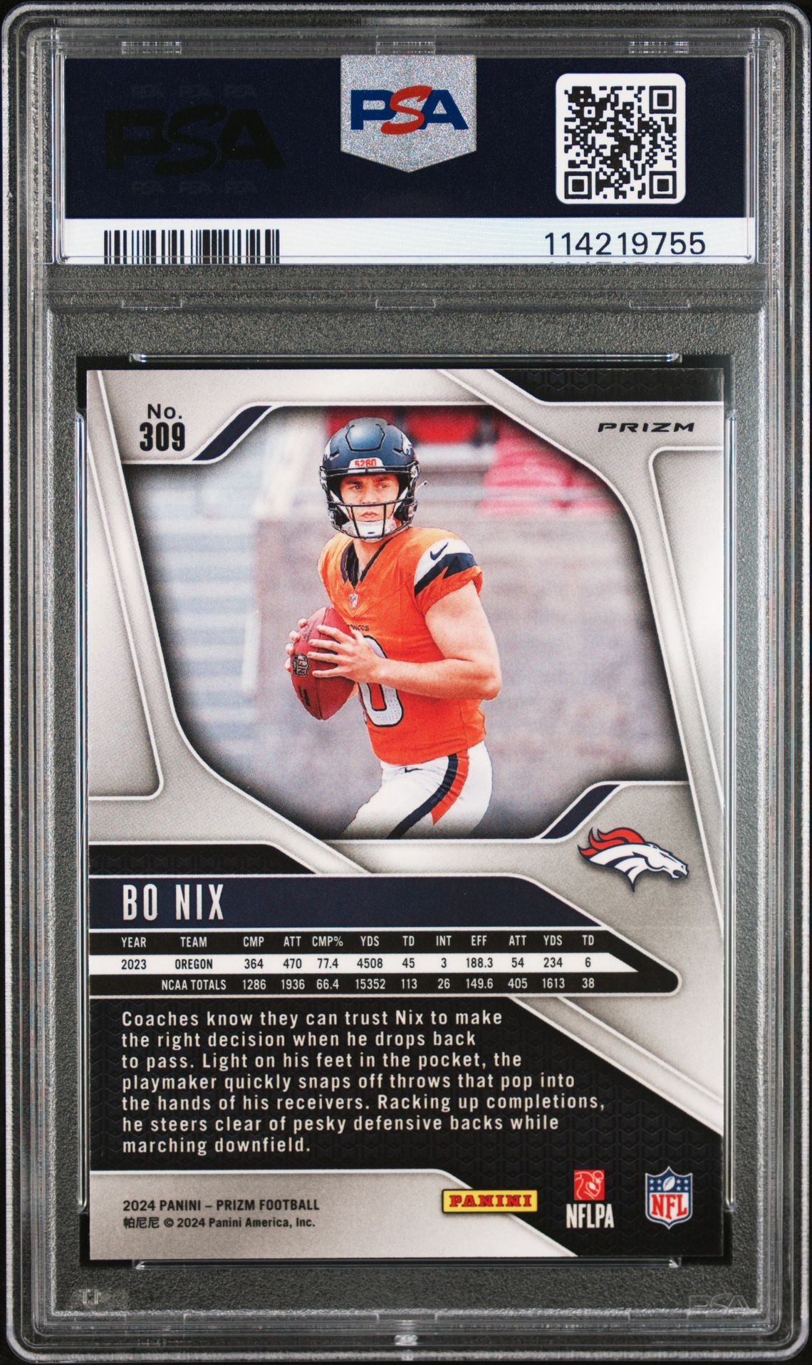 2024 Panini Prizm Bo Nix #309 (Disco Prizm) Mint 9 back
