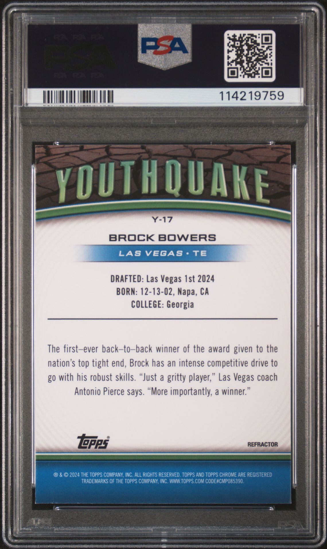 2024 Topps Chrome Youthquake Brock Bowers #Y17 (Youthquake-Refractor) Mint 9 back