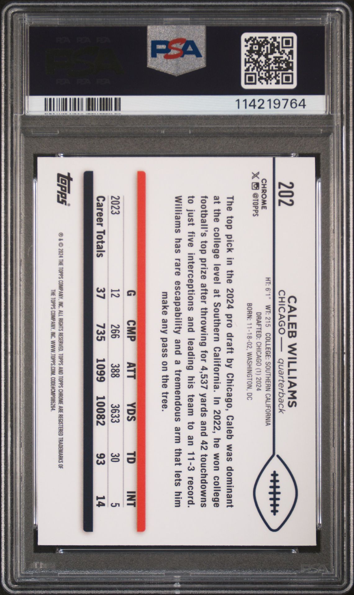 2024 Topps Chrome Caleb Williams #202 Gem Mt 10 back