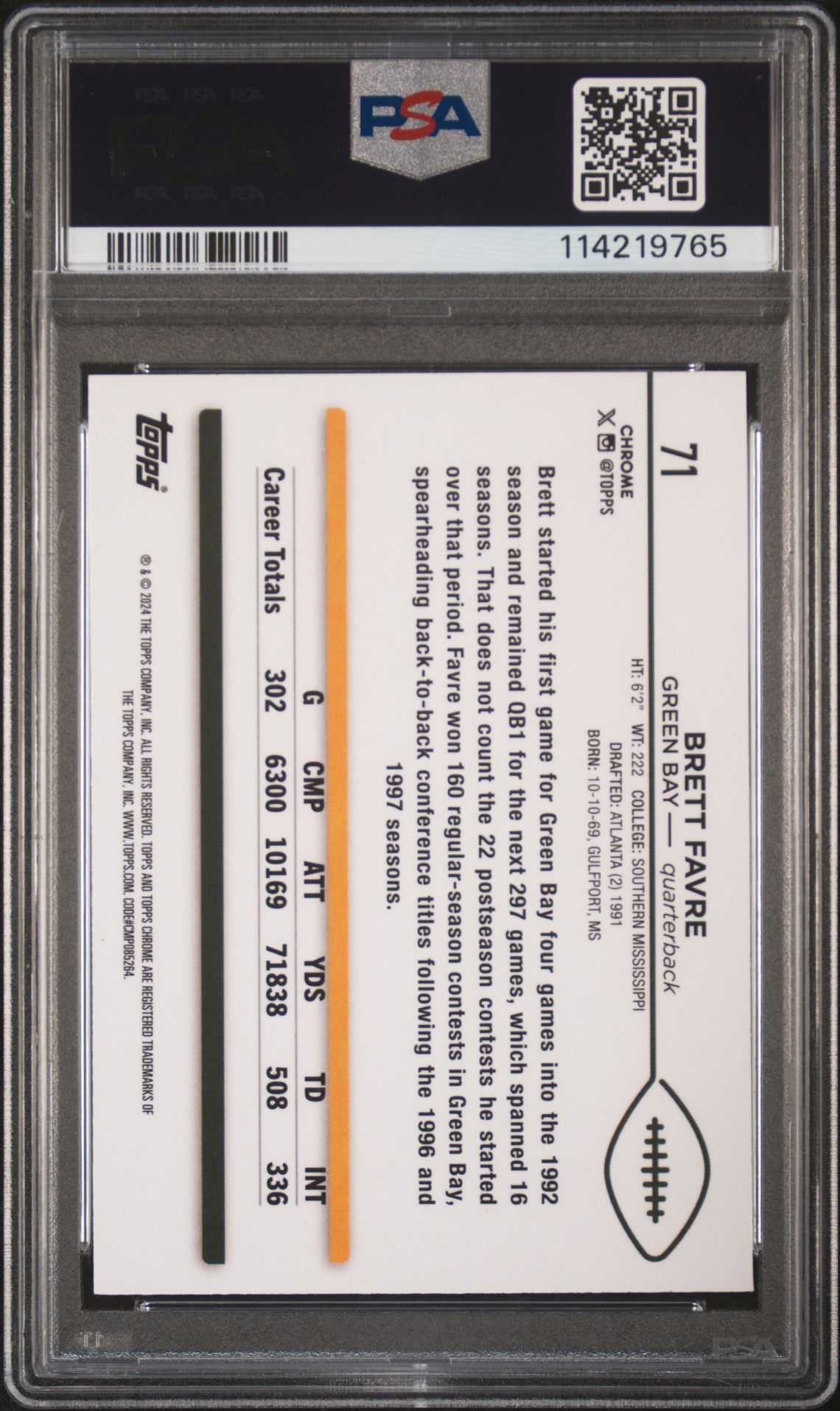 2024 Topps Chrome Brett Favre #71 (Yellow Refractor) Mint 9 back