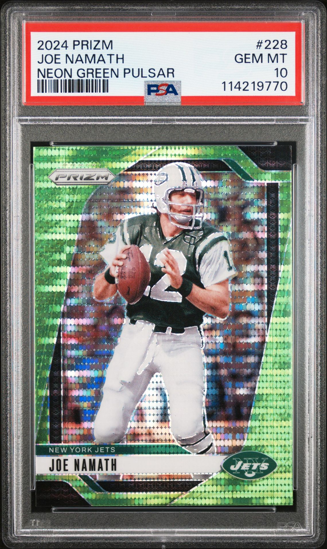 2024 Panini Prizm Joe Namath #228 (Neon Green Pulsar) Gem Mt 10 front