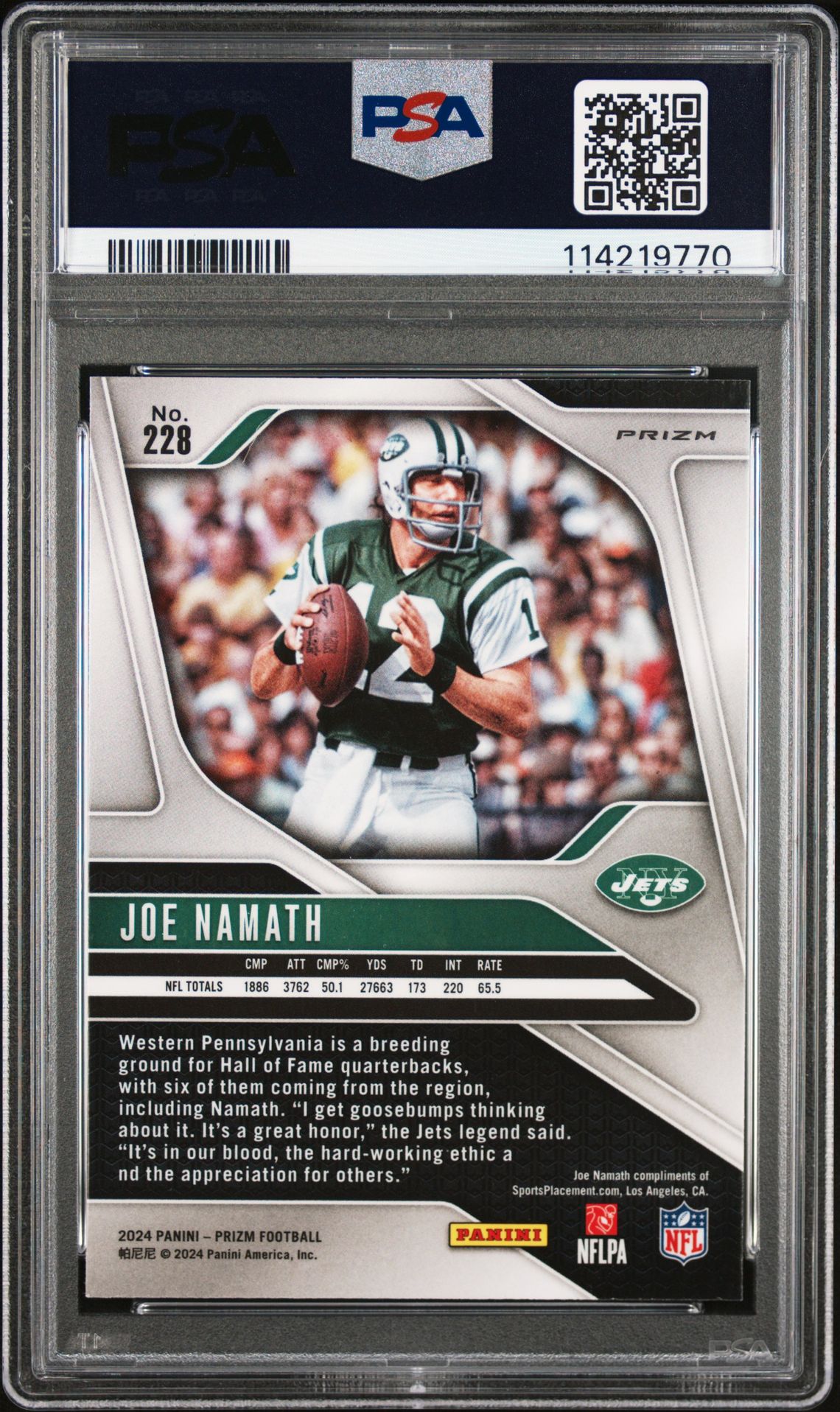 2024 Panini Prizm Joe Namath #228 (Neon Green Pulsar) Gem Mt 10 back