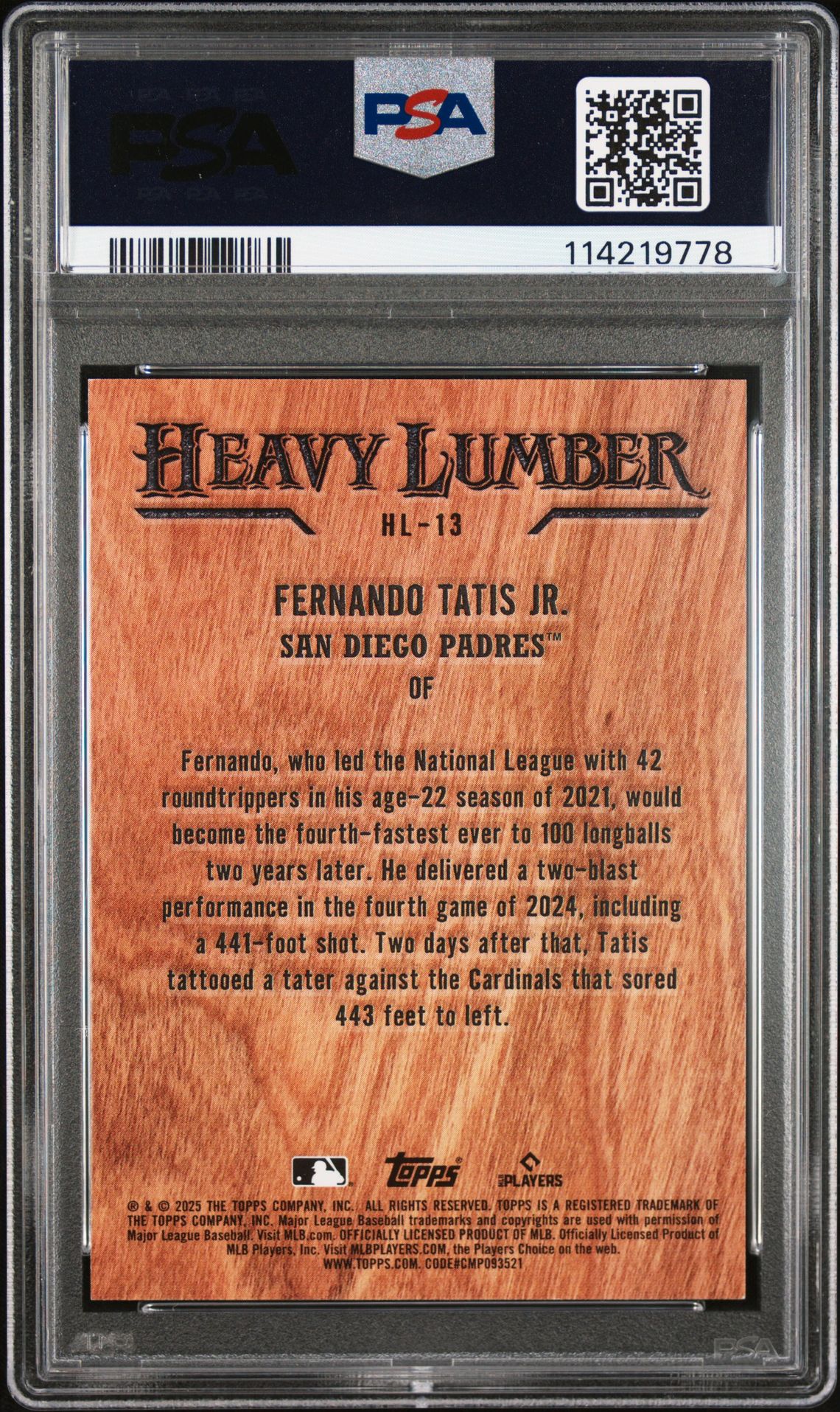 2025 Topps Heavy Lumber Fernando Tatis Jr. #Hl13 Mint 9 back