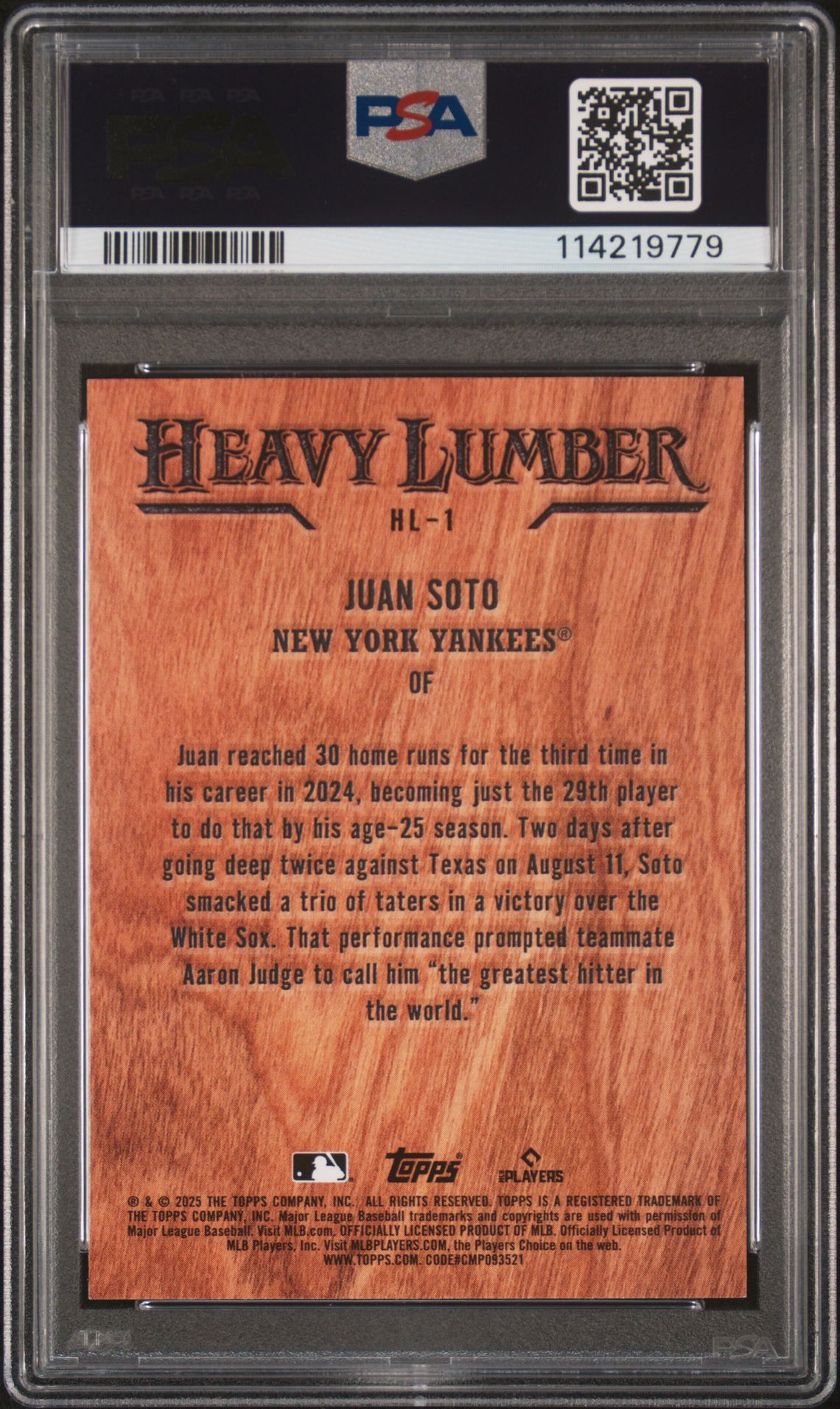 2025 Topps Heavy Lumber Juan Soto #Hl1 Gem Mt 10 back