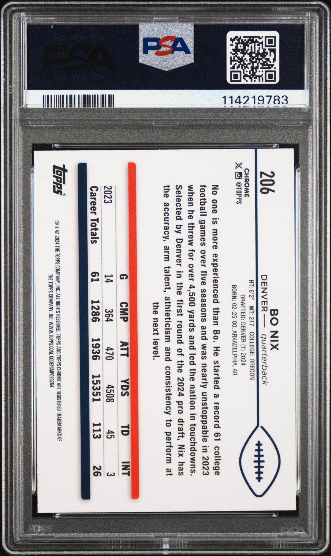 2024 Topps Chrome Bo Nix #206 (Prism Refractor) Gem Mt 10 back