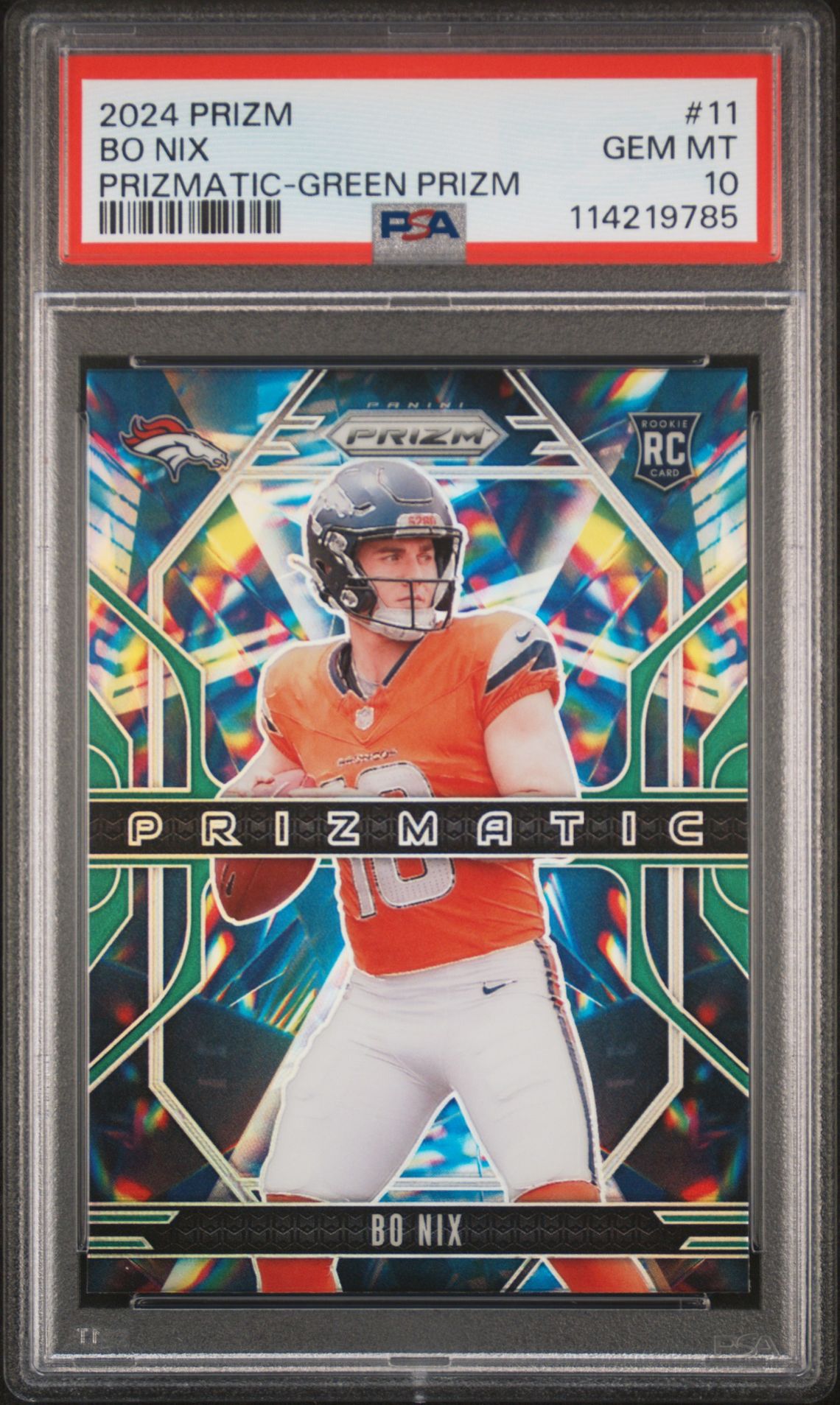 2024 Panini Prizm Prizmatic Bo Nix #11 (Prizmatic-Green Prizm) Gem Mt 10 front