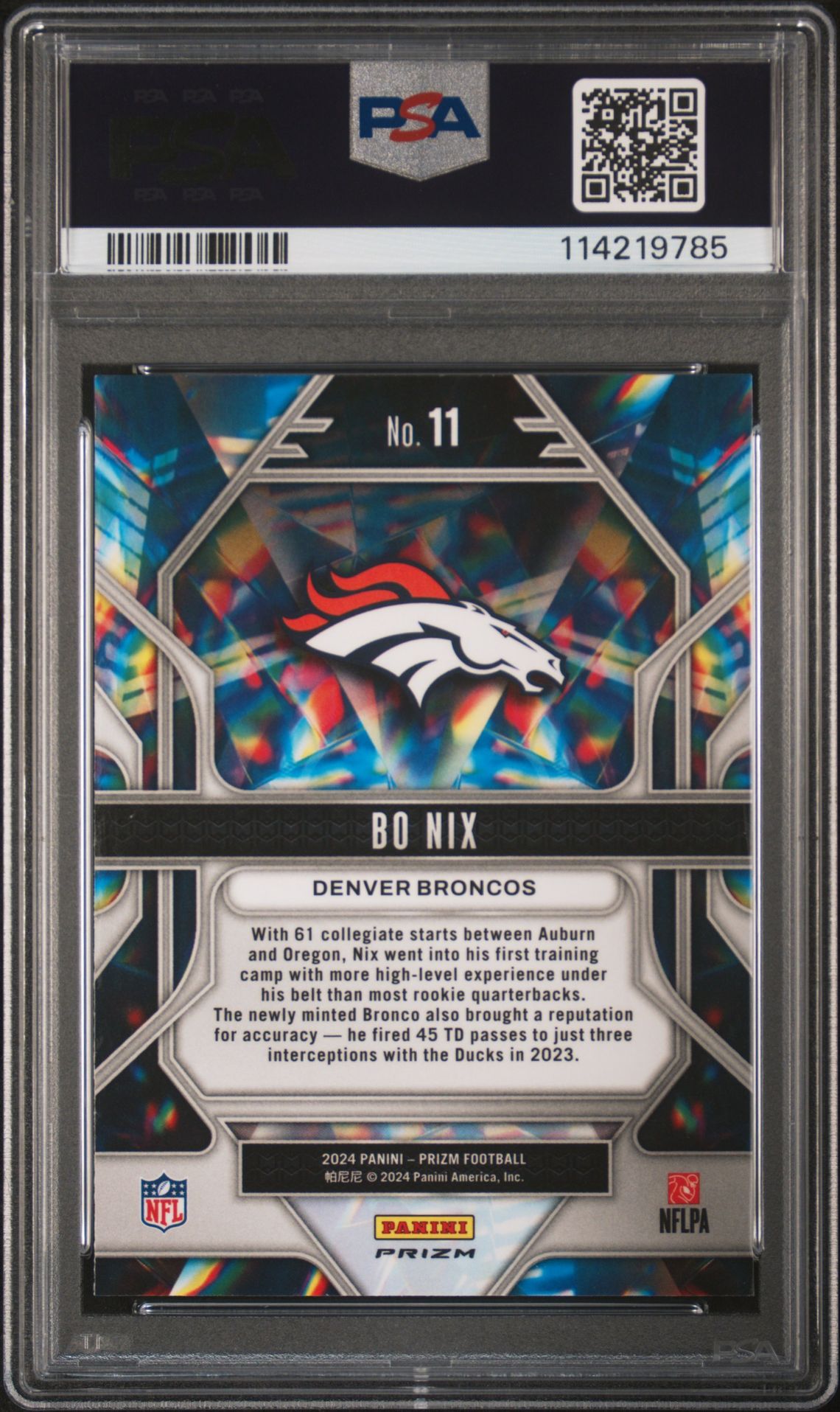 2024 Panini Prizm Prizmatic Bo Nix #11 (Prizmatic-Green Prizm) Gem Mt 10 back