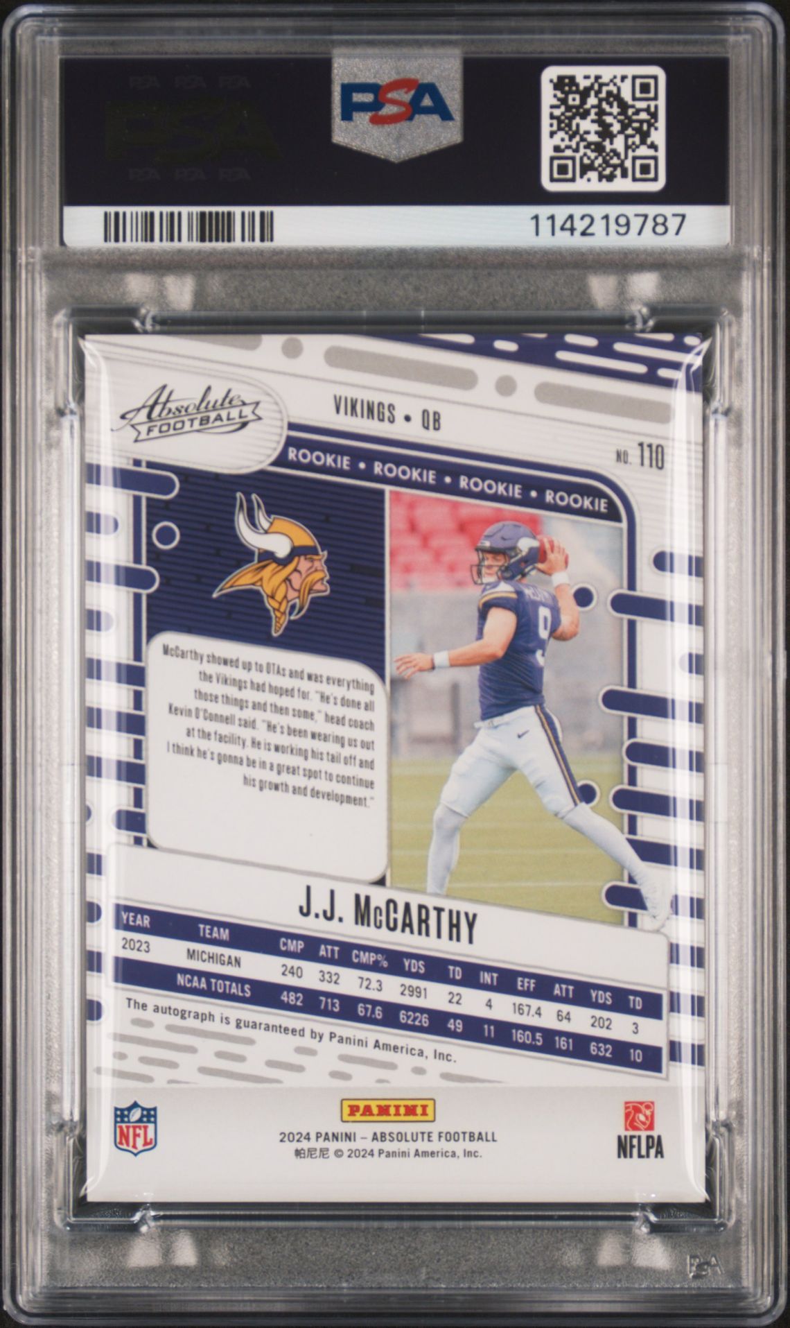 2024 Panini Absolute Jj Mccarthy #110 (Signature-Blue Spectrum) Mint 9 back