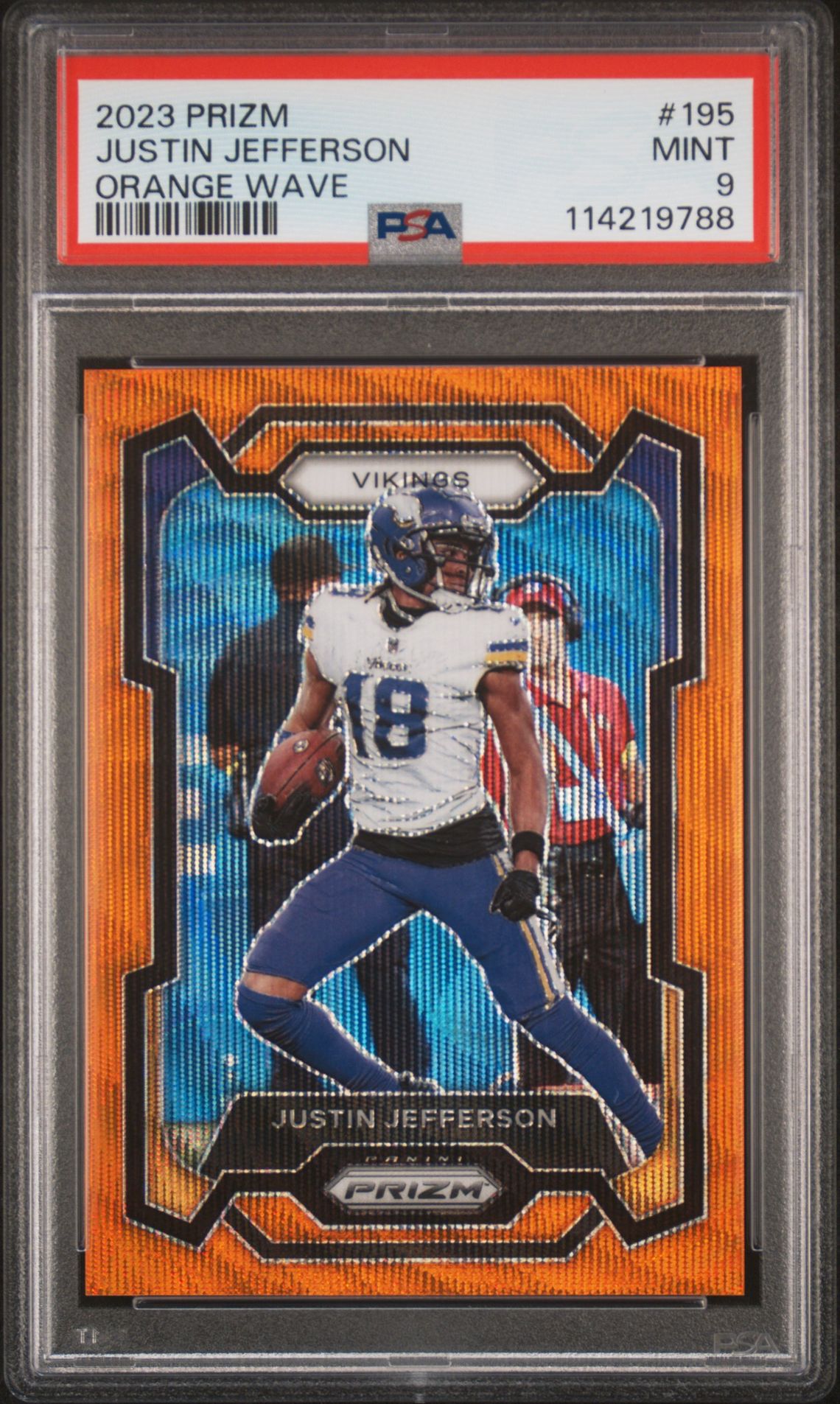 2023 Panini Prizm Justin Jefferson #195 (Orange Wave) Mint 9 front