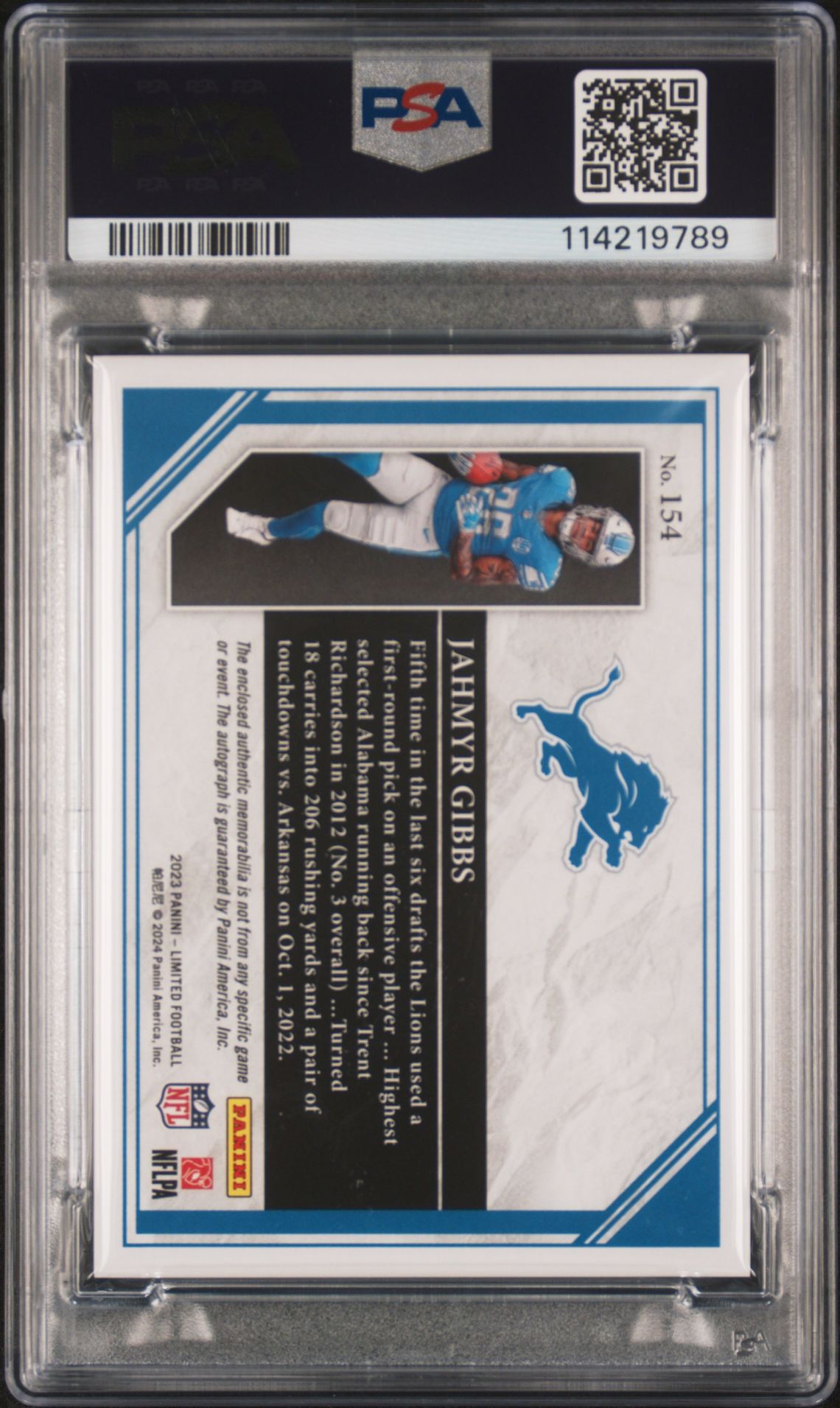 2023 Panini Limited Jahmyr Gibbs #154 (Patch Autograph Jumbo) Gem Mt 10 back