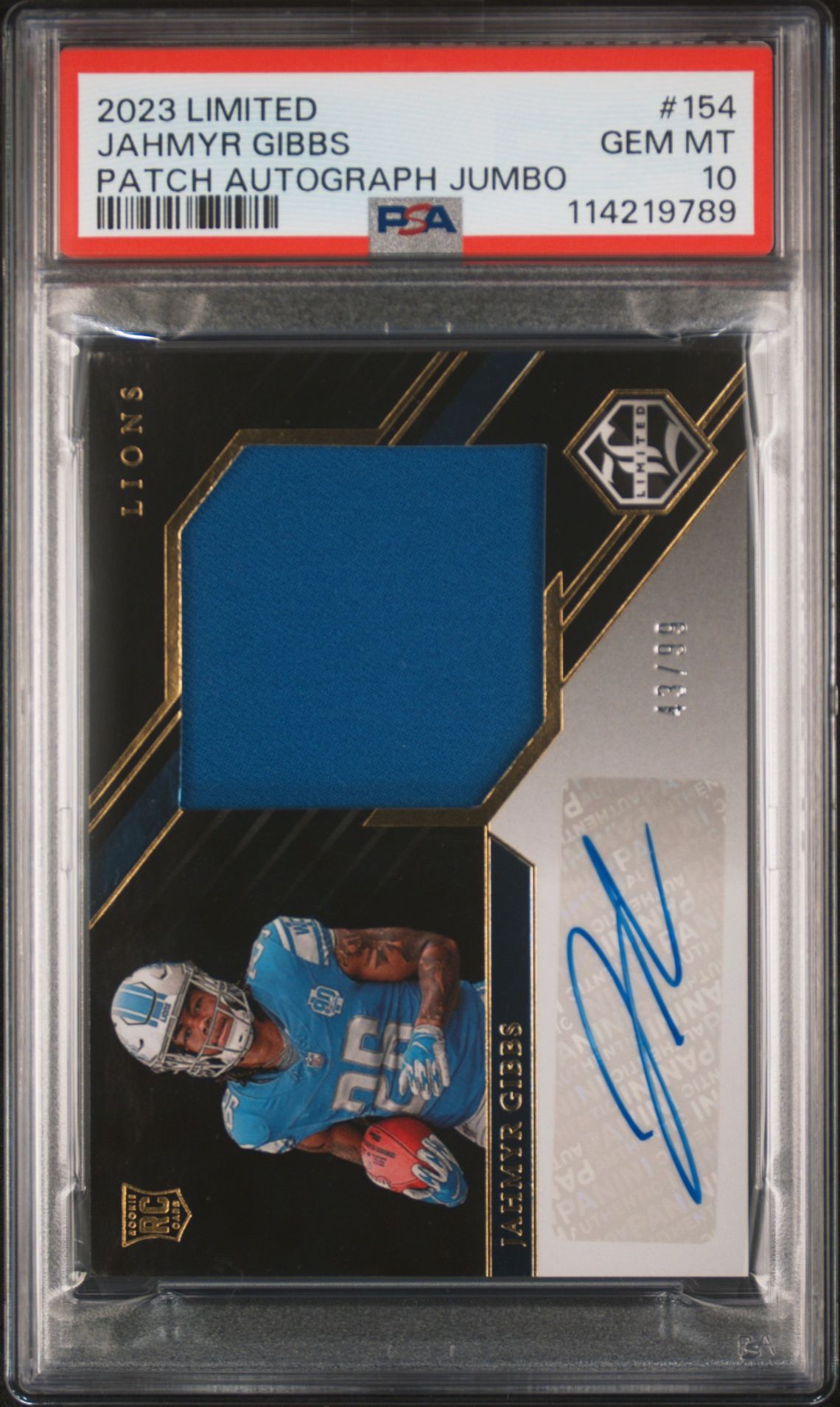 2023 Panini Limited Jahmyr Gibbs #154 (Patch Autograph Jumbo) Gem Mt 10 front