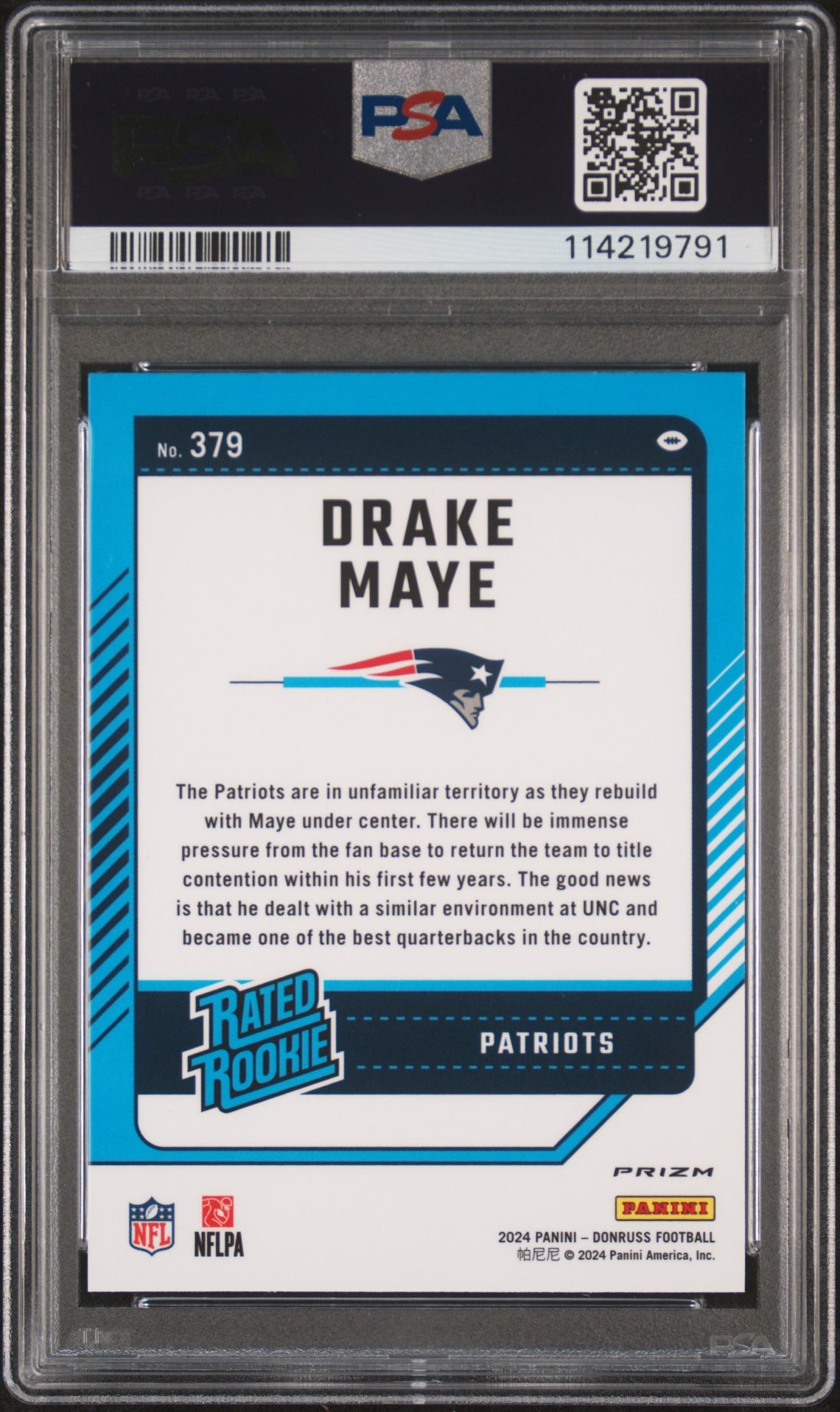 2024 Panini Donruss Drake Maye #379 (Optic Preview-Blue Scope) Mint 9 back