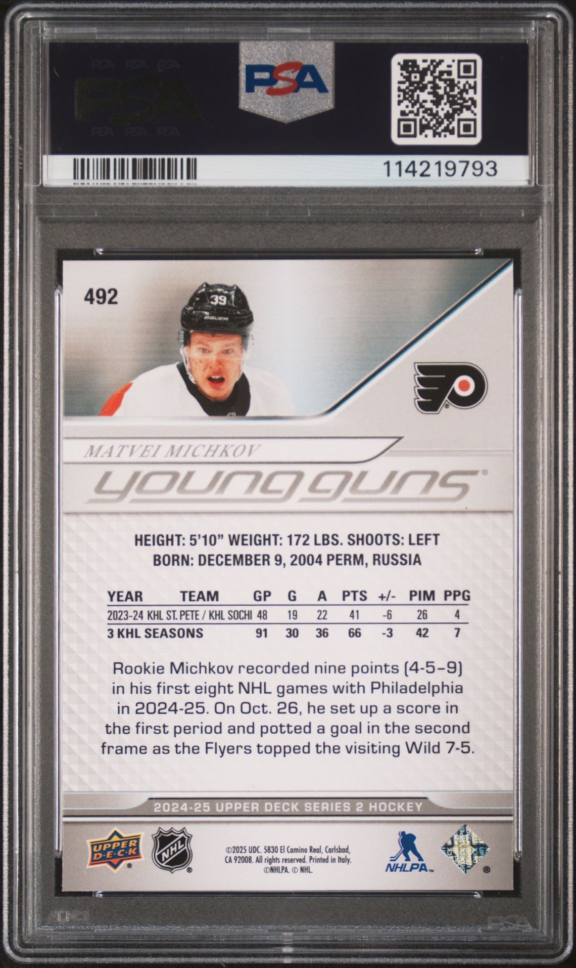 2024 Upper Deck Matvei Michkov #492 Mint 9 back