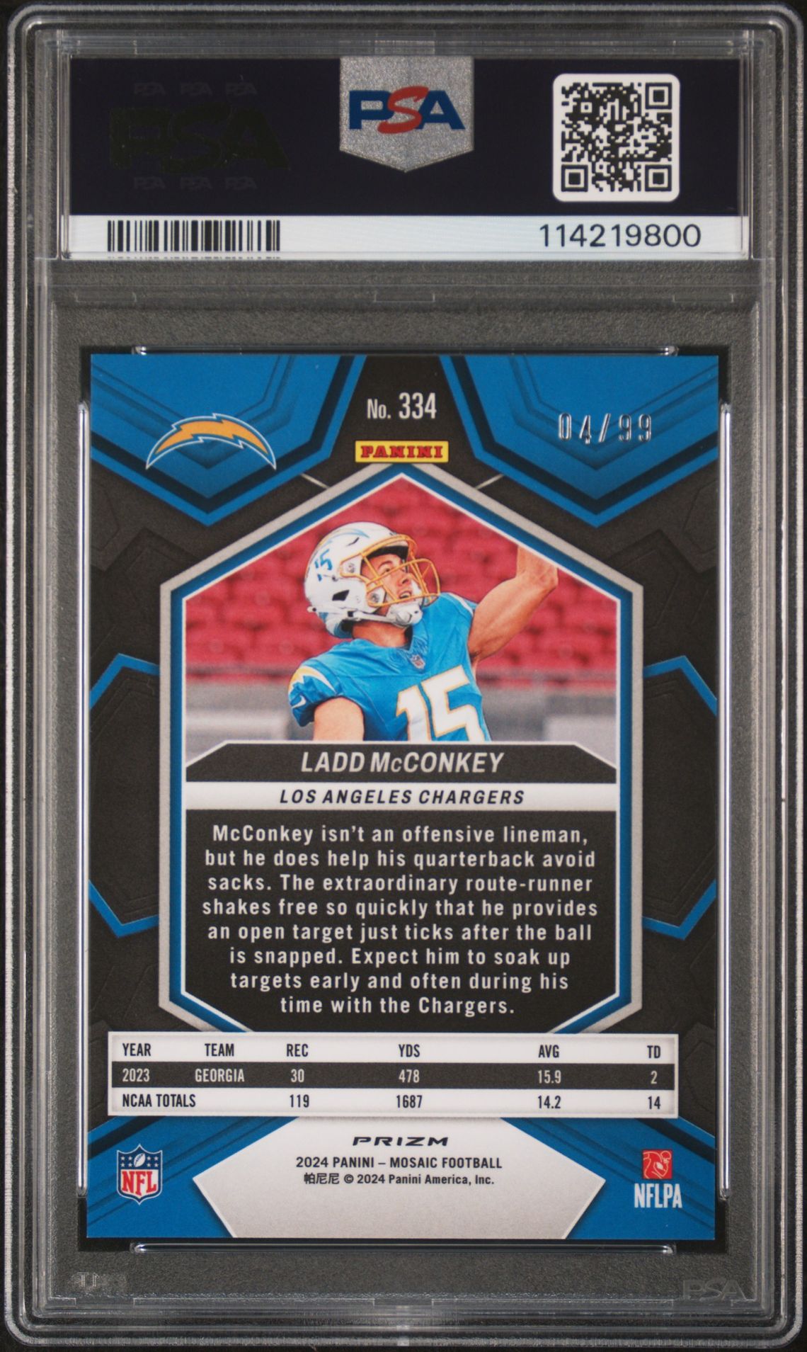 2024 Panini Mosaic Ladd Mcconkey #334 (Blue) Gem Mt 10 back