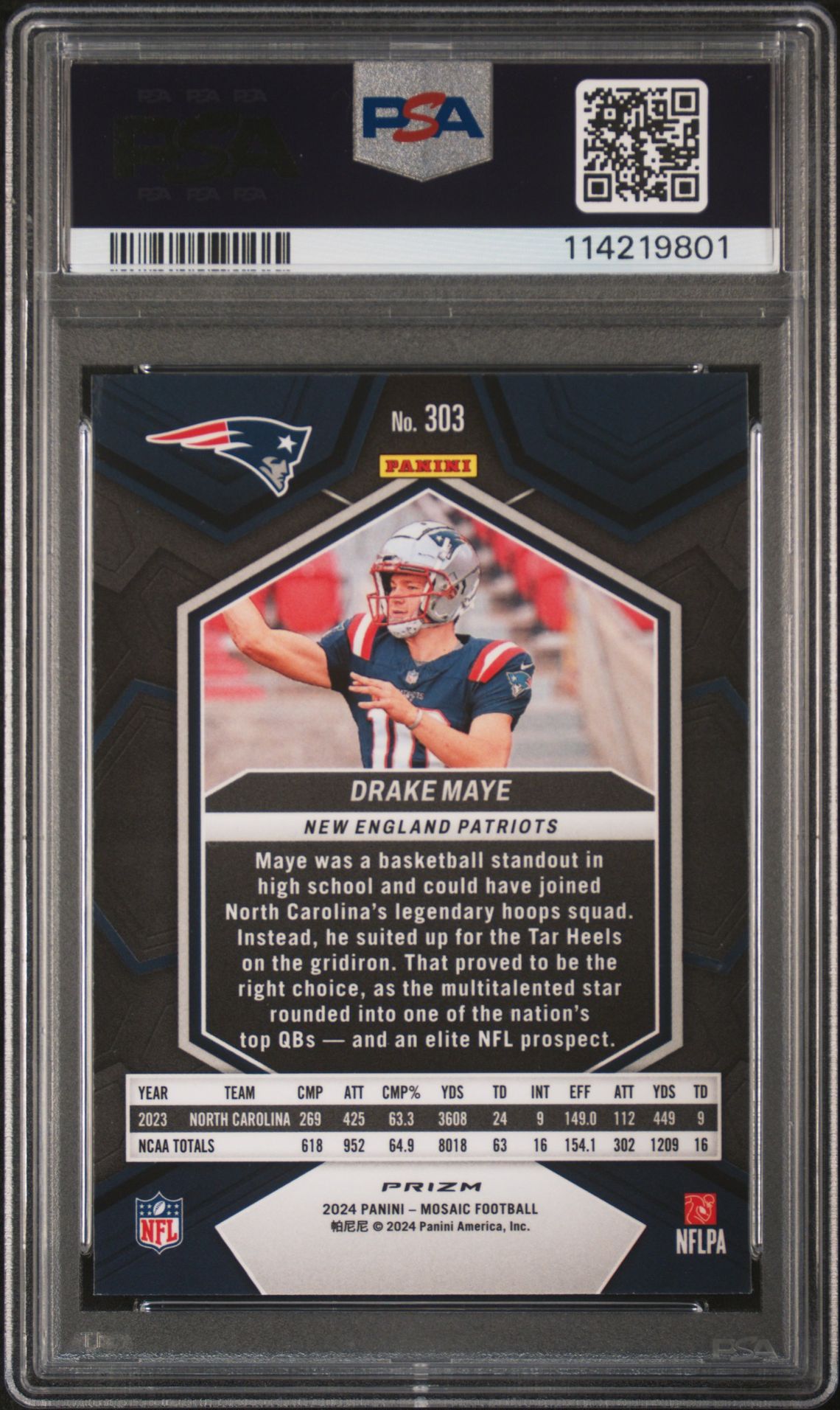 2024 Panini Mosaic Drake Maye #303 (Camo Pink) Mint 9 back