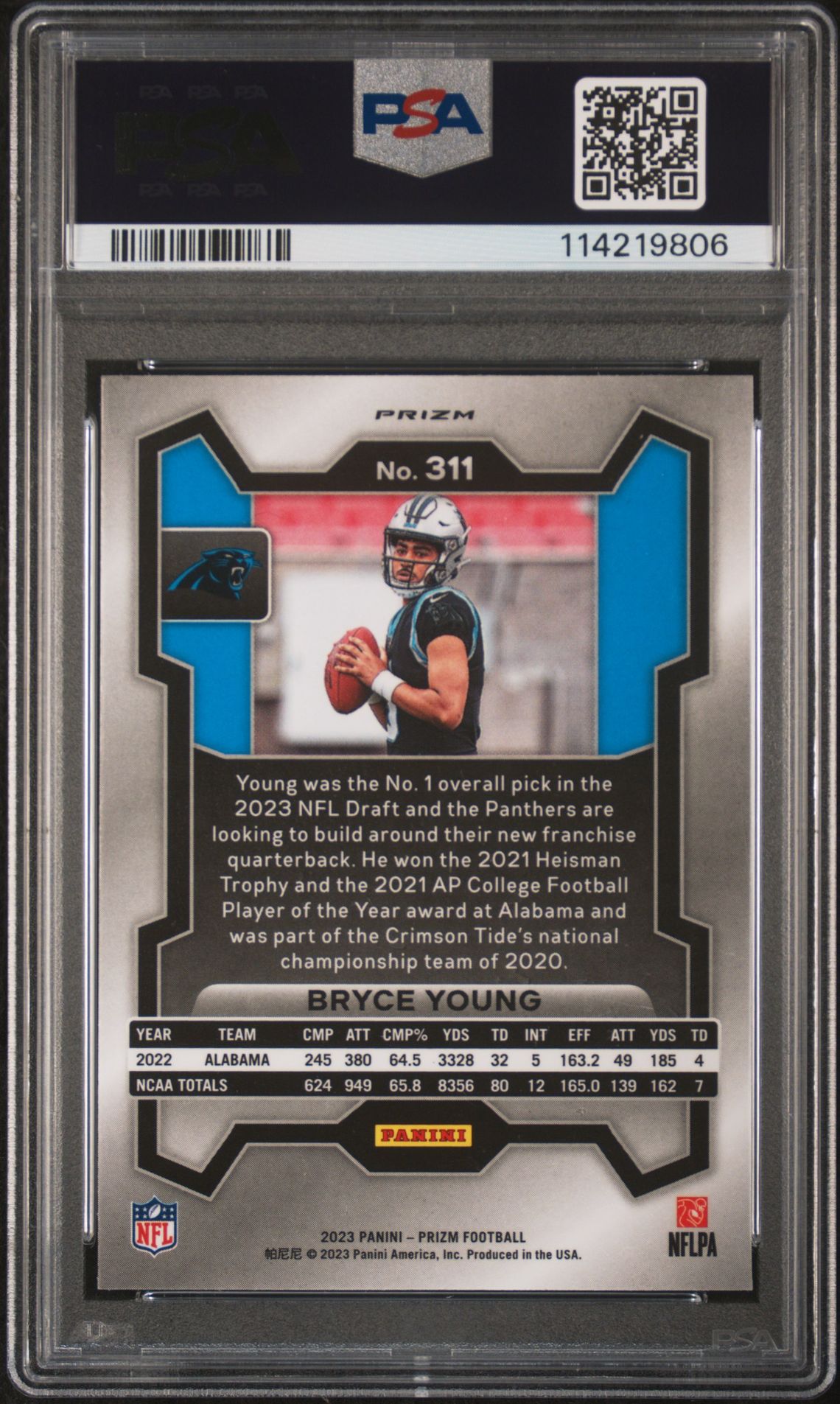 2023 Panini Prizm Bryce Young #311 (Neon Green Pulsar) Mint 9 back