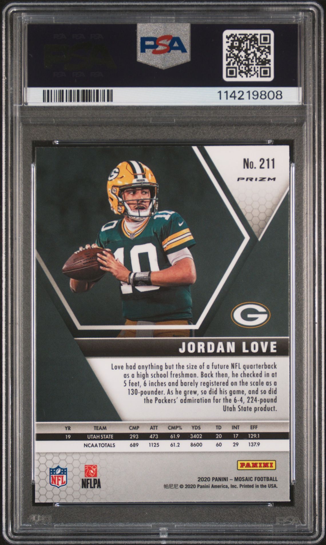 2020 Panini Mosaic Jordan Love #211 (Green Mosaic) Gem Mt 10 back