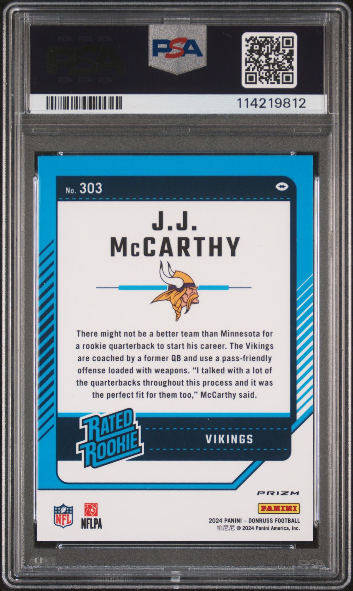 2024 Panini Donruss Jj Mccarthy #303 (Optic Preview-Pink) Mint 9 back