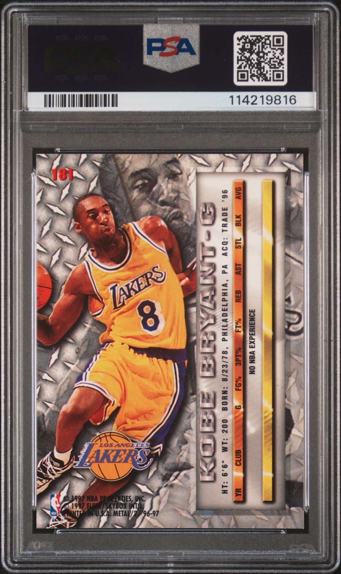1996 Metal Kobe Bryant #181 Mint 9 back