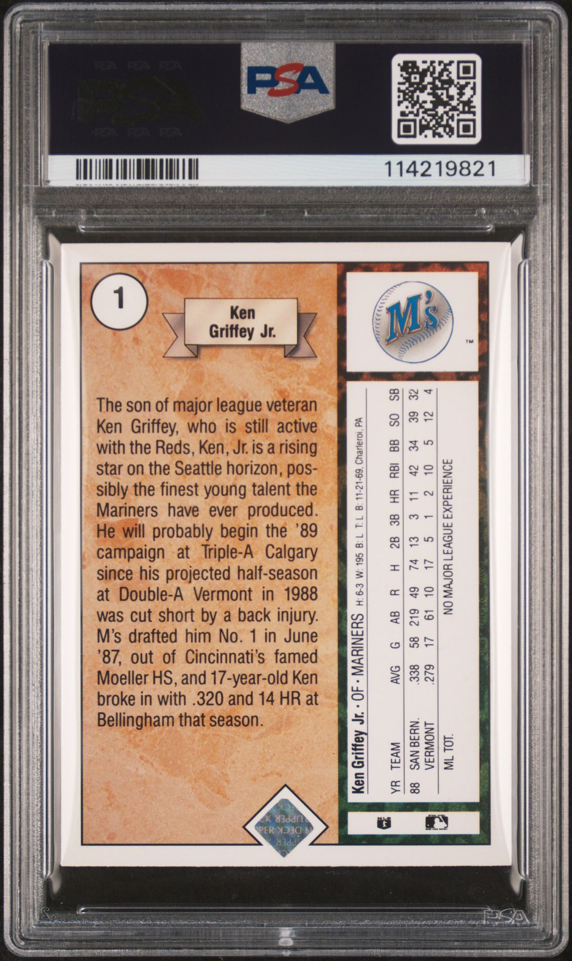 1989 Upper Deck Ken Griffey Jr. #1 (Star Rookie) Ex-Mt 6 back