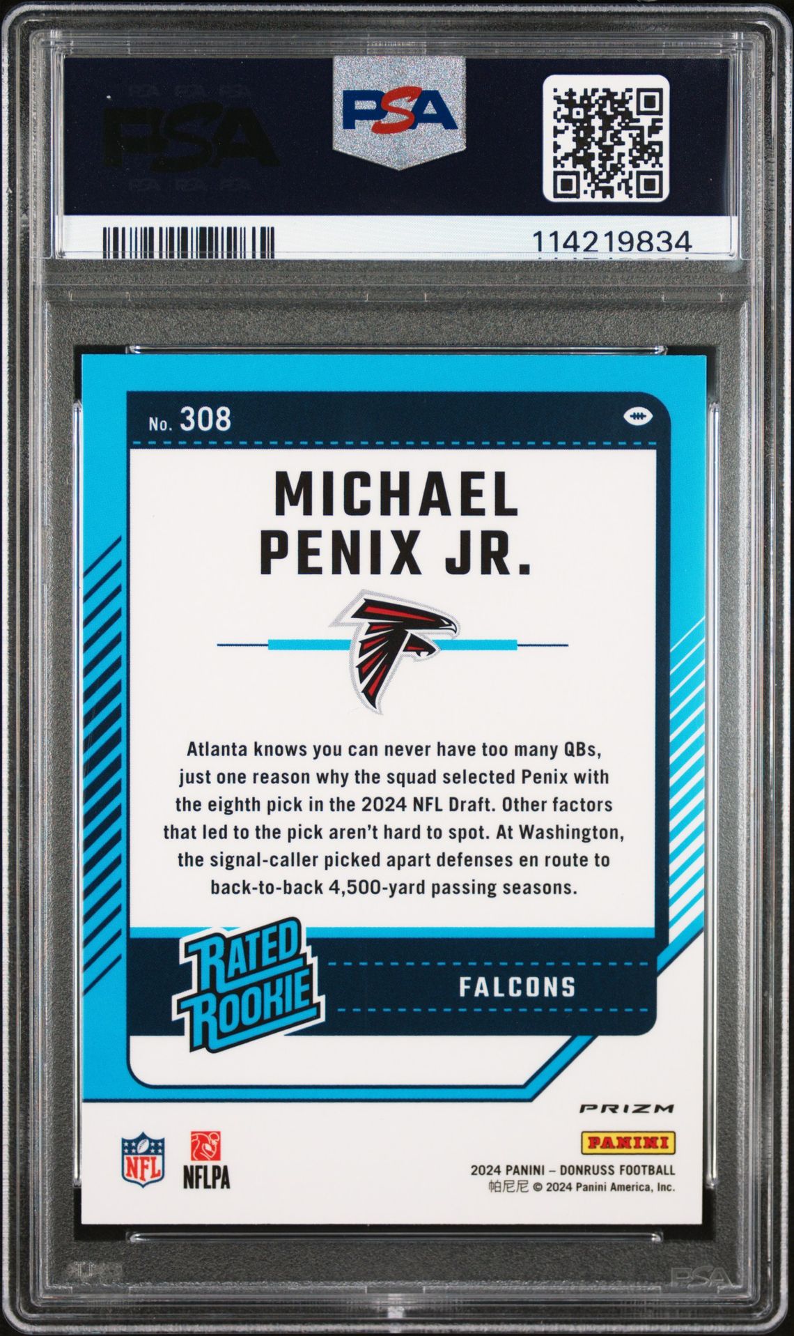 2024 Panini Donruss Michael Penix Jr. #308 (Optic Preview-Blue Scope) Gem Mt 10 back