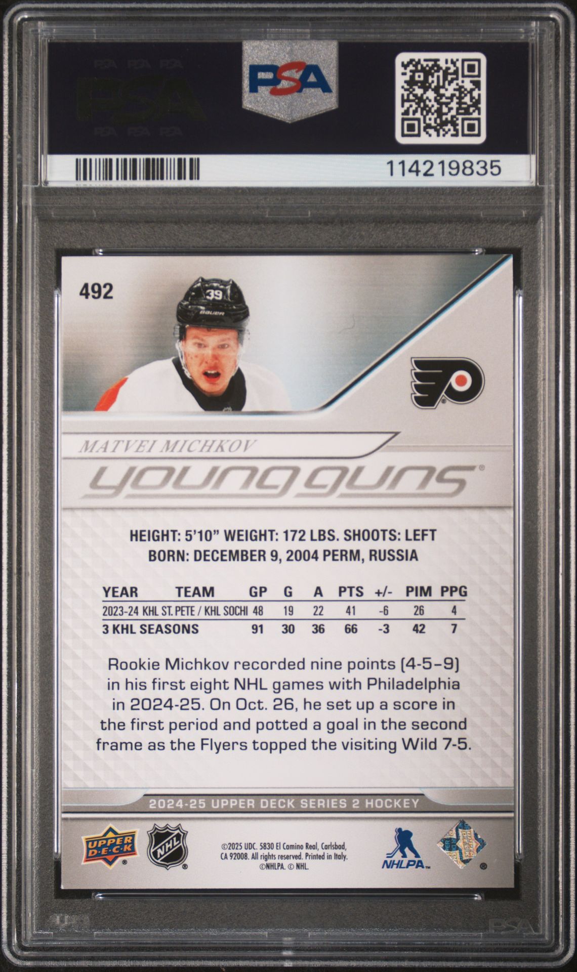 2024 Upper Deck Matvei Michkov #492 Mint 9 back