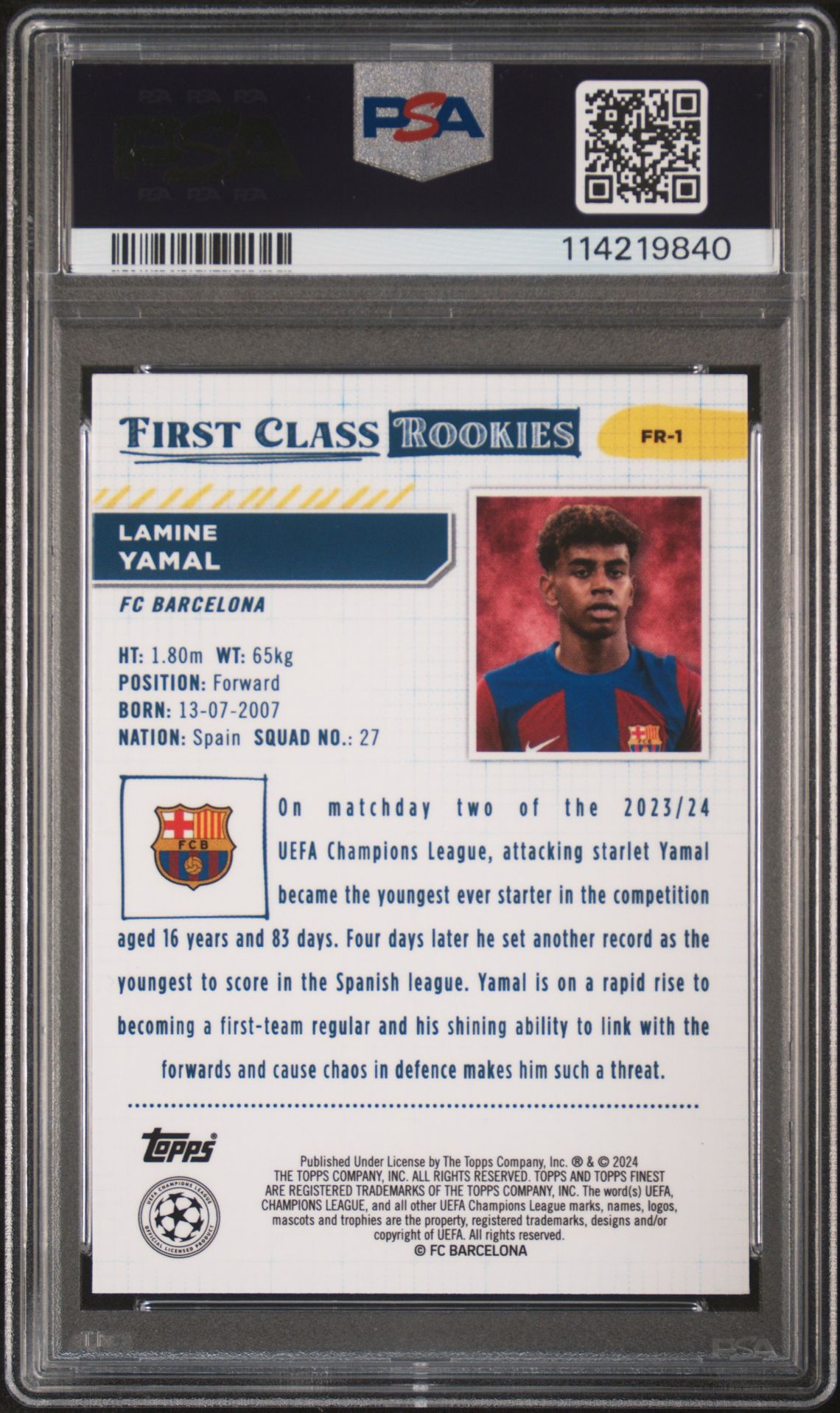 2023-24 Topps Finest Uefa Club Competitions Finest First Class Rookies Lamine Yamal #Fr1 Gem Mt 10 back