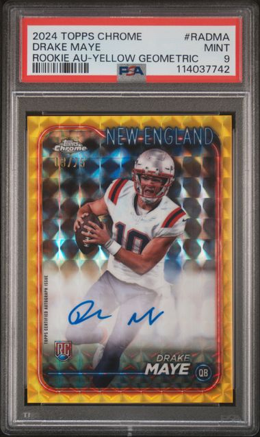 2024 Topps Chrome Rookie Autographs Variations Drake Maye #Radma (Rookie Au-Yellow Geometric) Mint 9 front