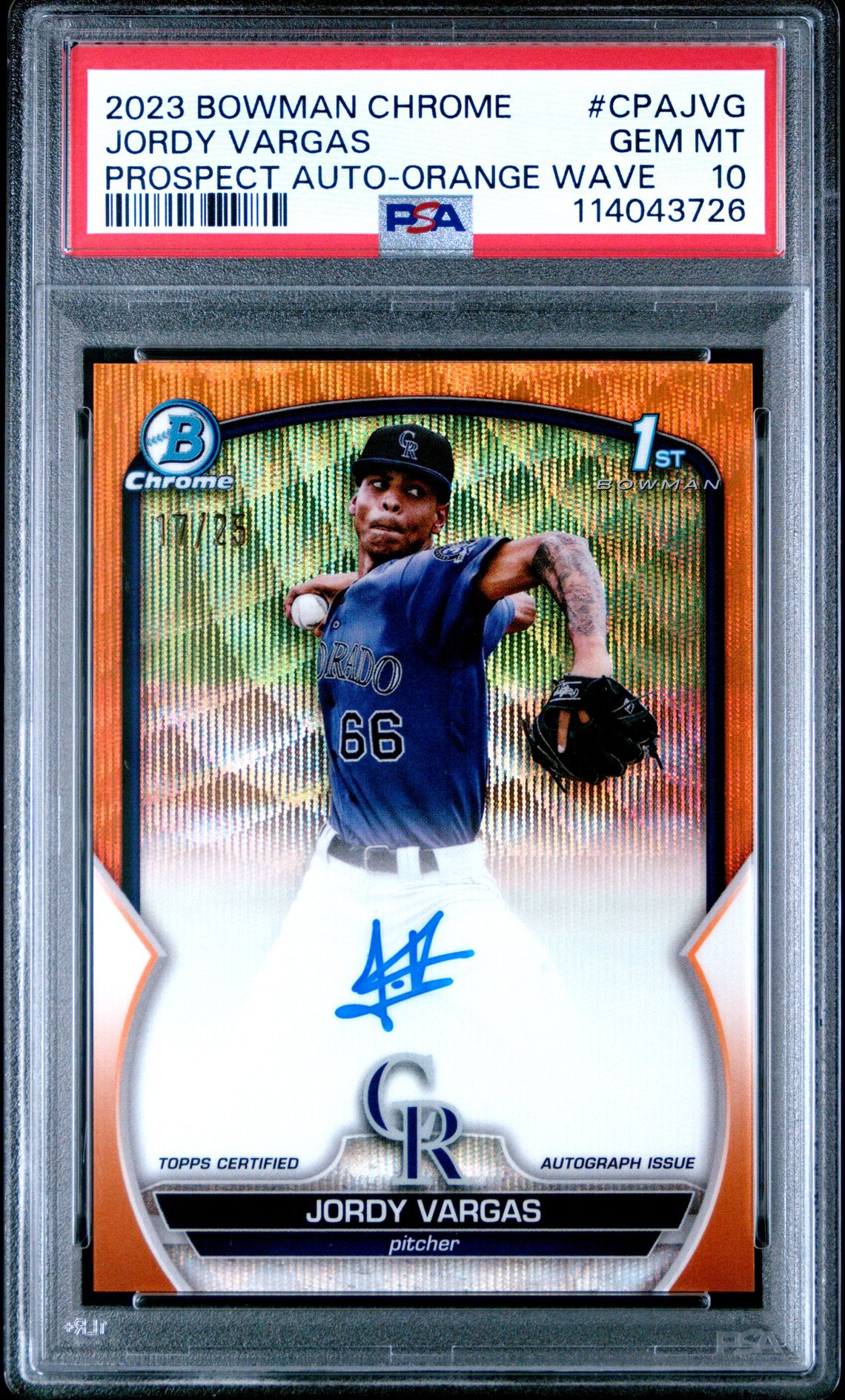 2023 Bowman BOWMAN CHROME PROSPECT AUTOGRAPHS ORANGE WAVE #CPAJVG Jordy Vargas front