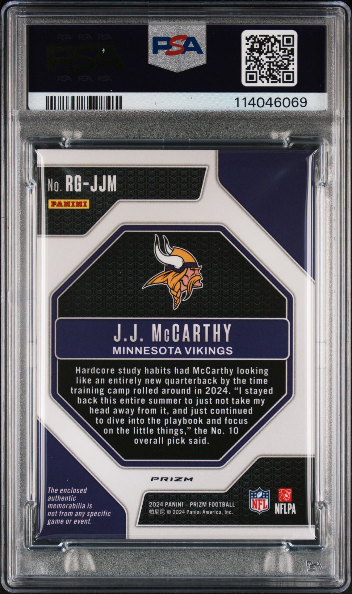 2024 Panini Prizm Rookie Gear Jj Mccarthy #Rgjjm (Rk Gear-Neon Green Pulsar) Gem Mt 10 back