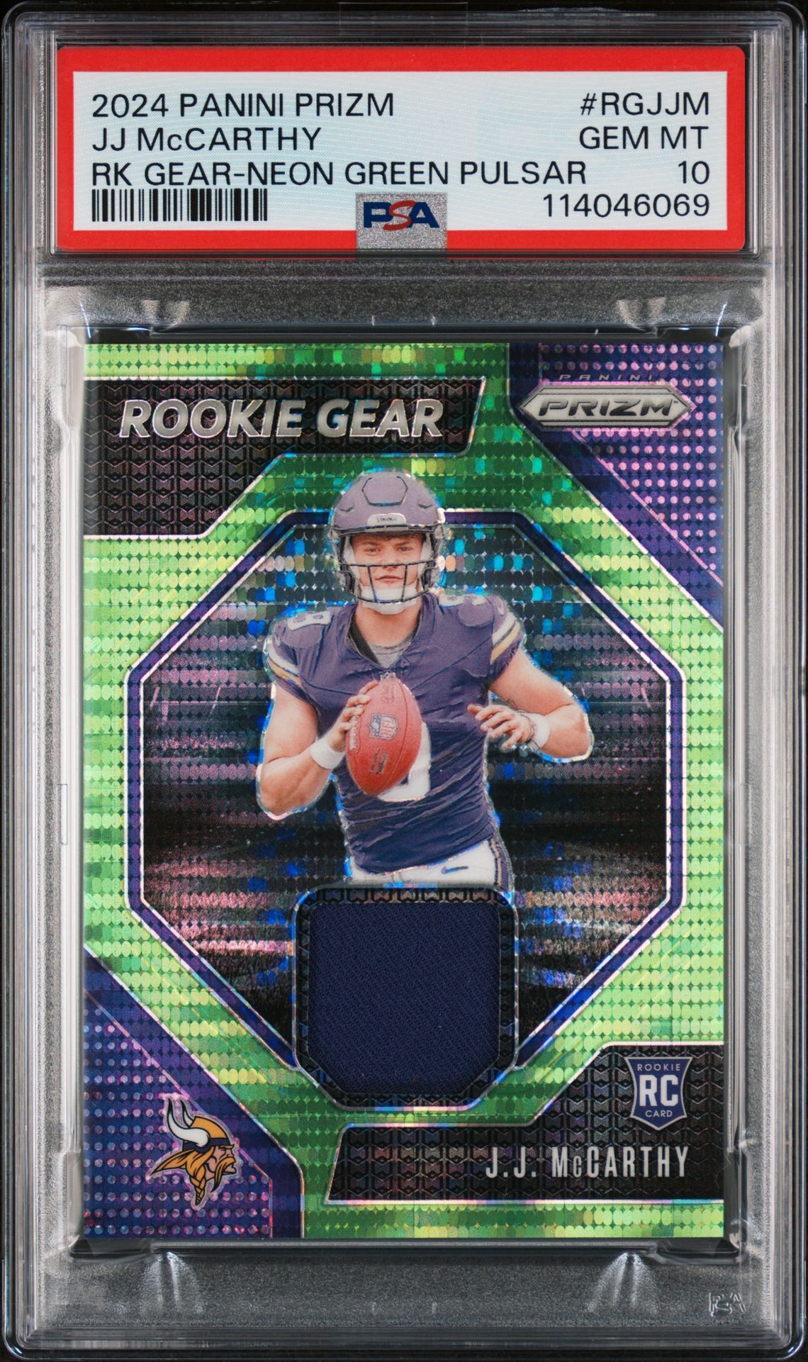2024 Panini Prizm Rookie Gear Jj Mccarthy #Rgjjm (Rk Gear-Neon Green Pulsar) Gem Mt 10 front