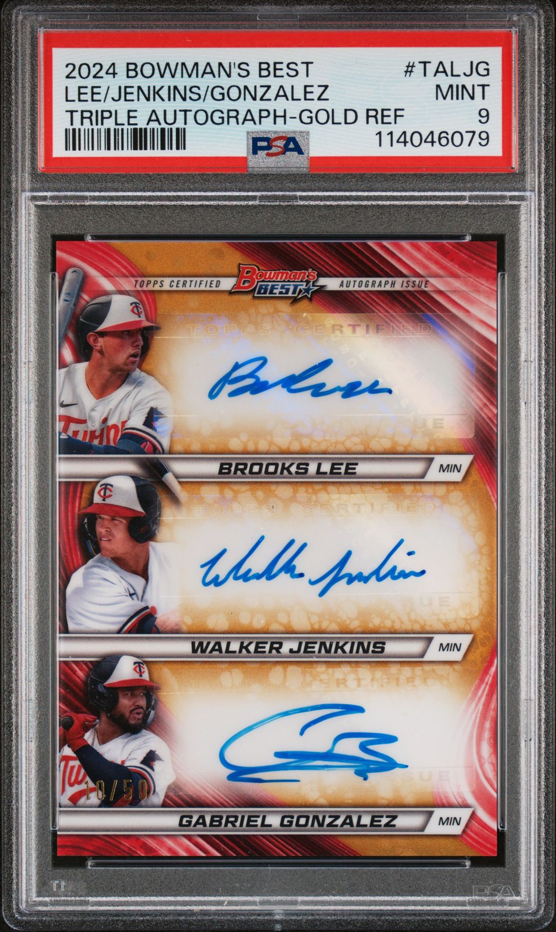 2024 Bowman's Best Triple Autographs Lee/Jenkins/Gonzalez #Taljg (Triple Autograph-Gold Ref) Mint 9 front