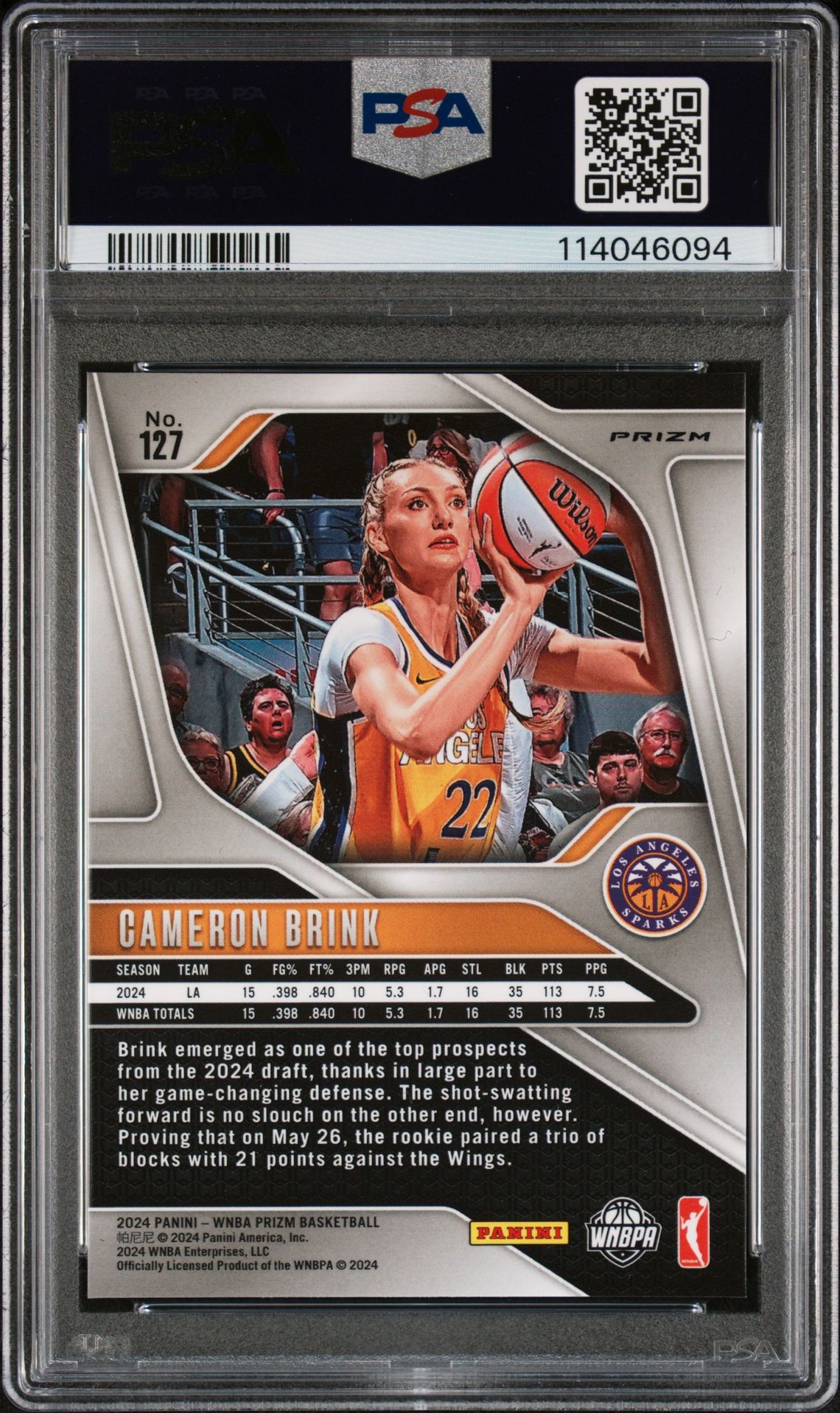 2024 Panini Prizm Wnba Cameron Brink #127 (Blue Velocity) Gem Mt 10 back