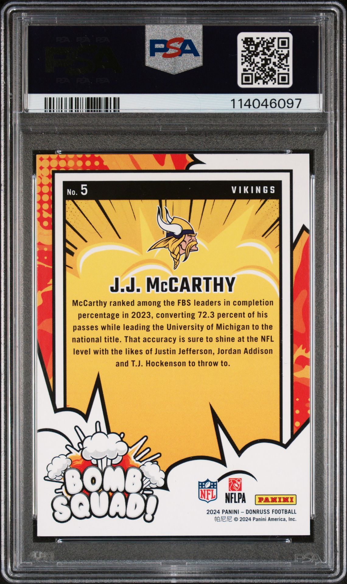 2024 Panini Donruss Bomb Squad Jj Mccarthy #5 Gem Mt 10 back