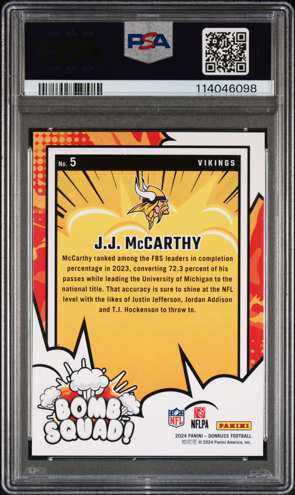 2024 Panini Donruss Bomb Squad Jj Mccarthy #5 Gem Mt 10 back