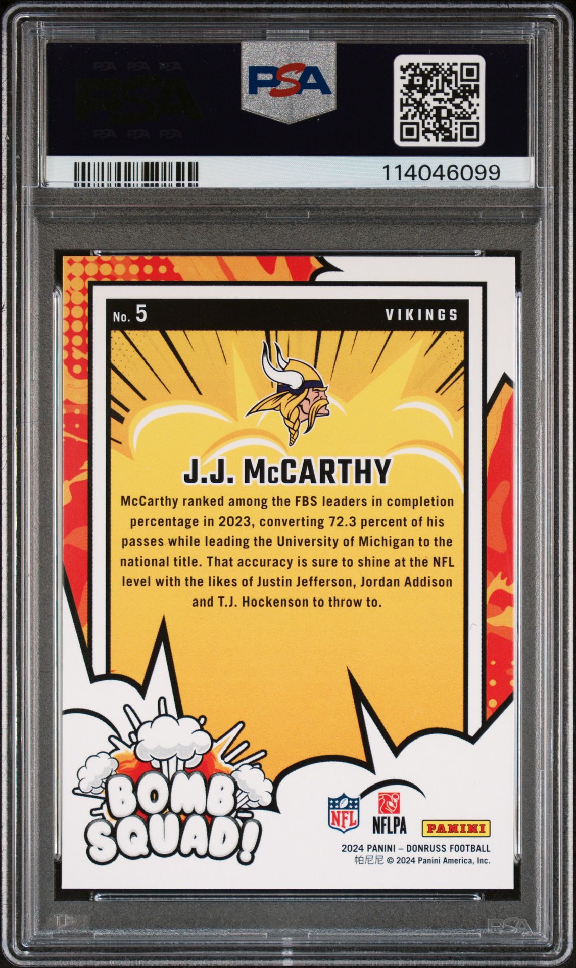 2024 Panini Donruss Bomb Squad Jj Mccarthy #5 Gem Mt 10 back