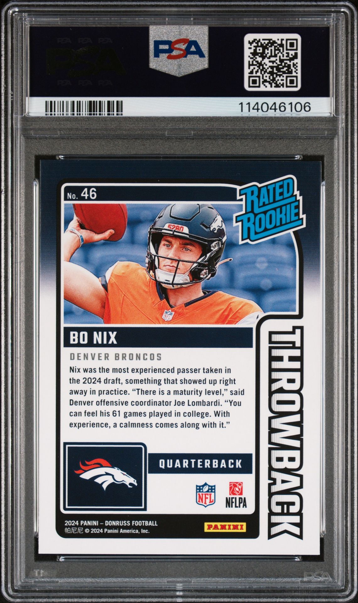 2024 Panini Donruss Rated Rookies Throwback Bo Nix #46 Mint 9 back