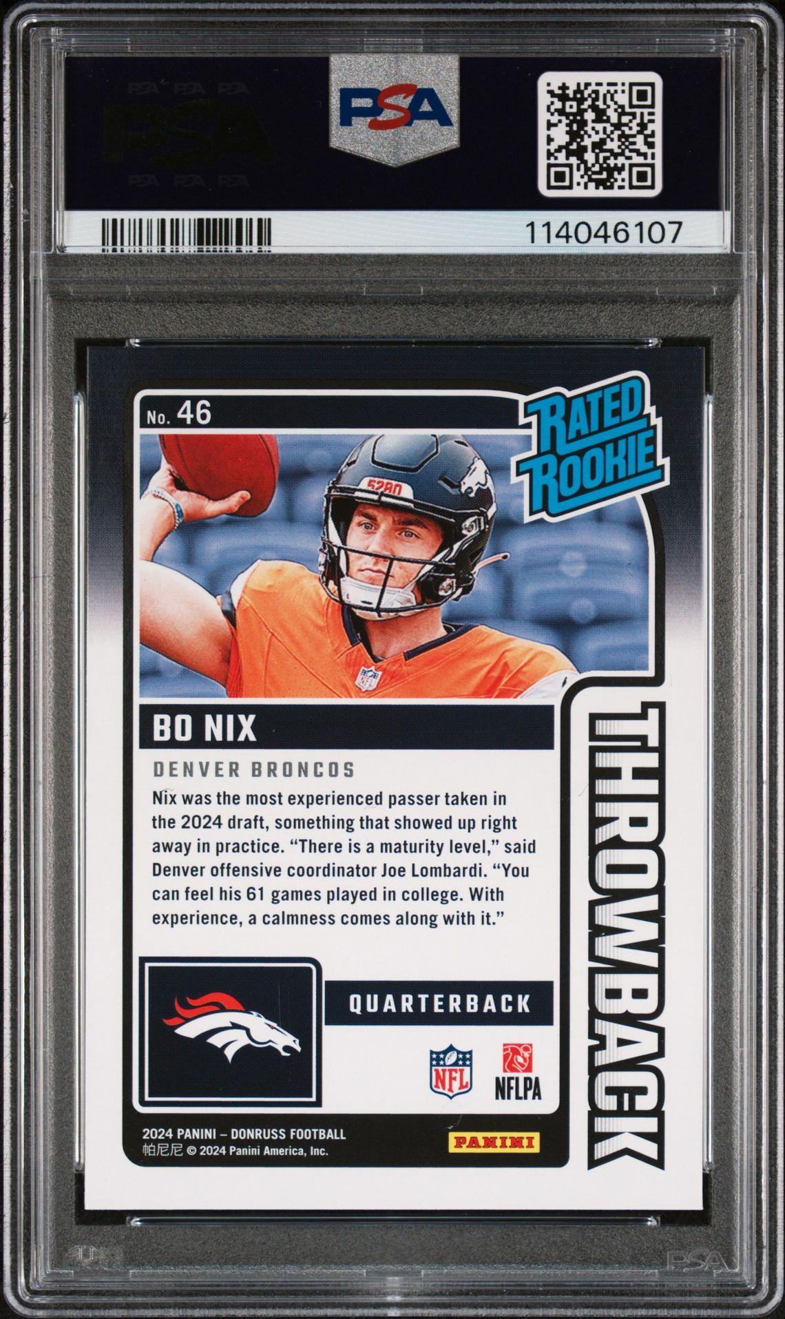 2024 Panini Donruss Rated Rookies Throwback Bo Nix #46 Mint 9 back
