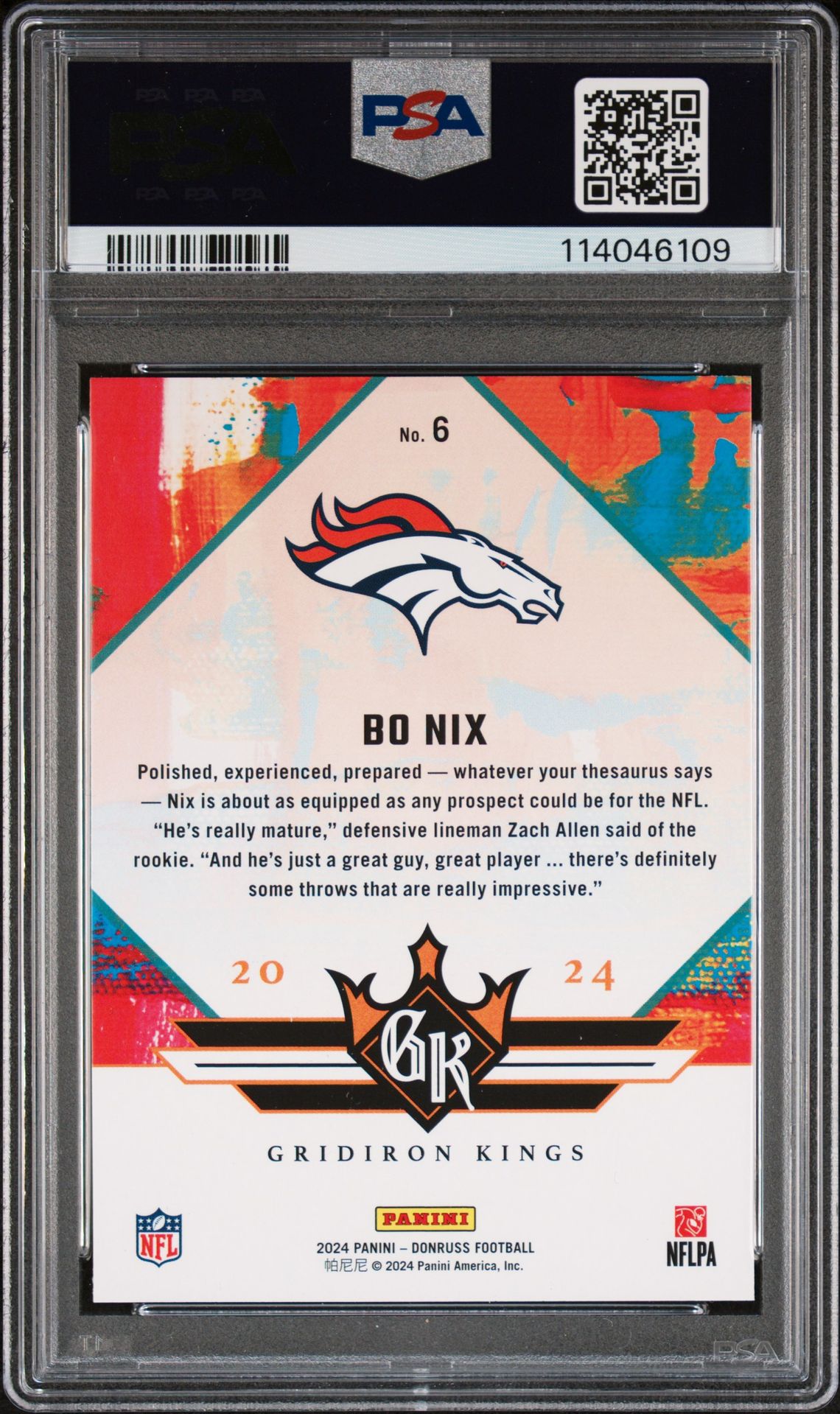 2024 Panini Donruss Rookie Gridiron Kings Bo Nix #6 Mint 9 back