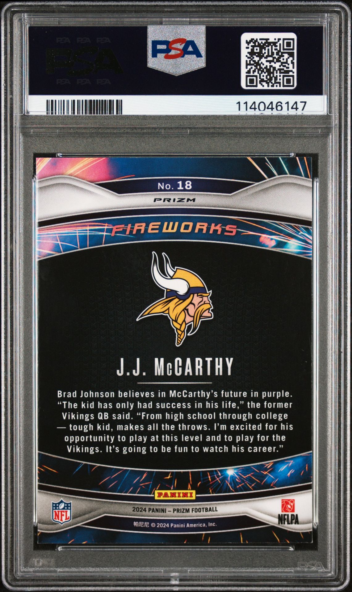2024 Panini Prizm Fireworks Jj Mccarthy #18 (Fireworks-Green Prizm) Mint 9 back