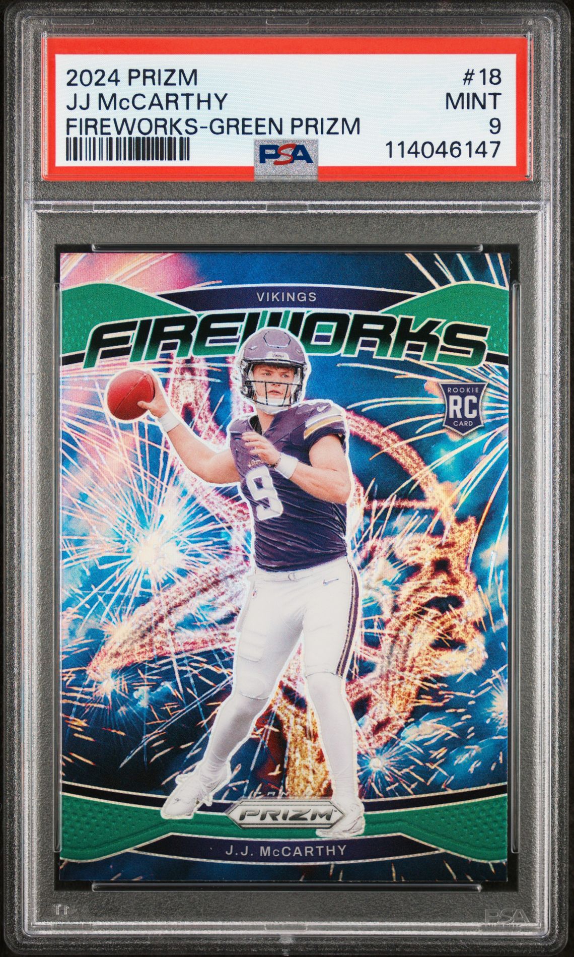 2024 Panini Prizm Fireworks Jj Mccarthy #18 (Fireworks-Green Prizm) Mint 9 front