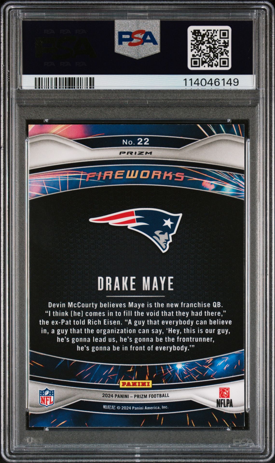 2024 Panini Prizm Fireworks Drake Maye #22 (Fireworks-Green Prizm) Gem Mt 10 back