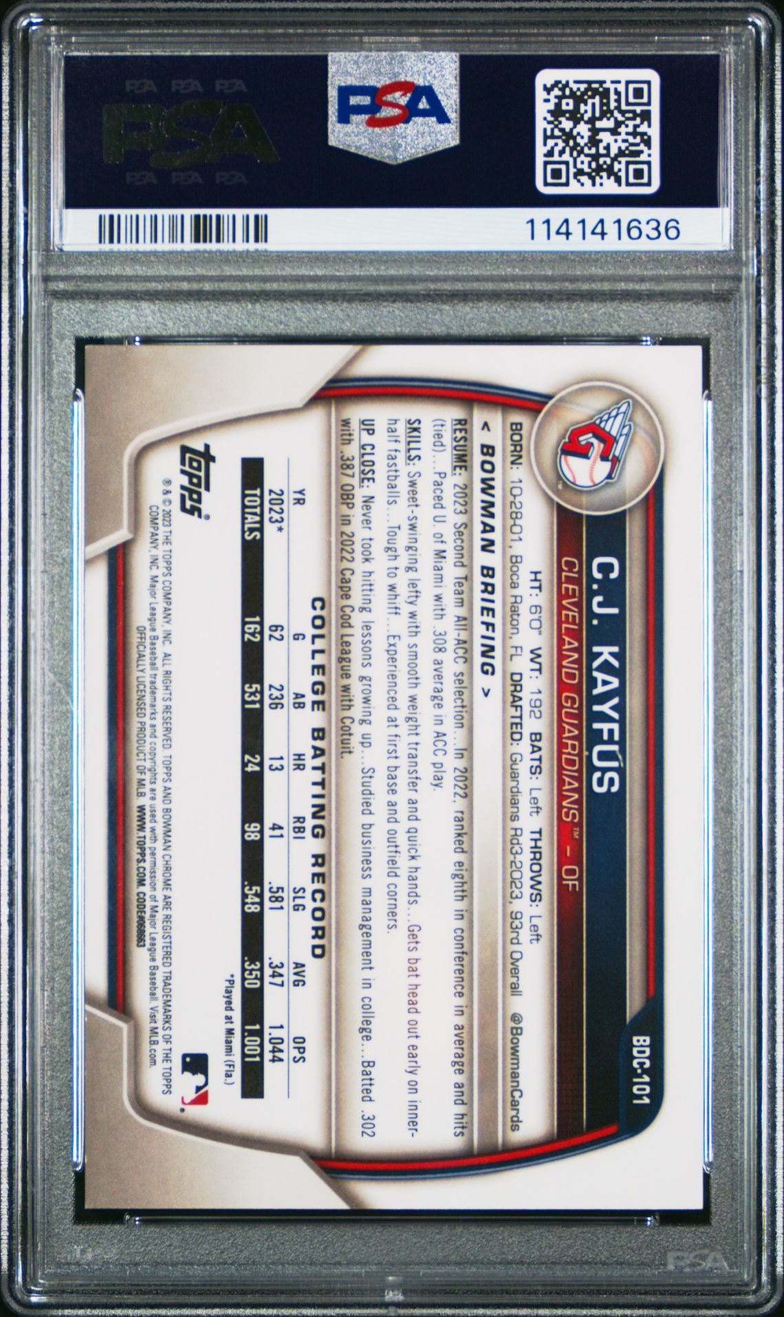 2023 Bowman Draft Cj Kayfus #Bdc101 (Chrome-Rose Gold Refractor) Gem Mt 10 back