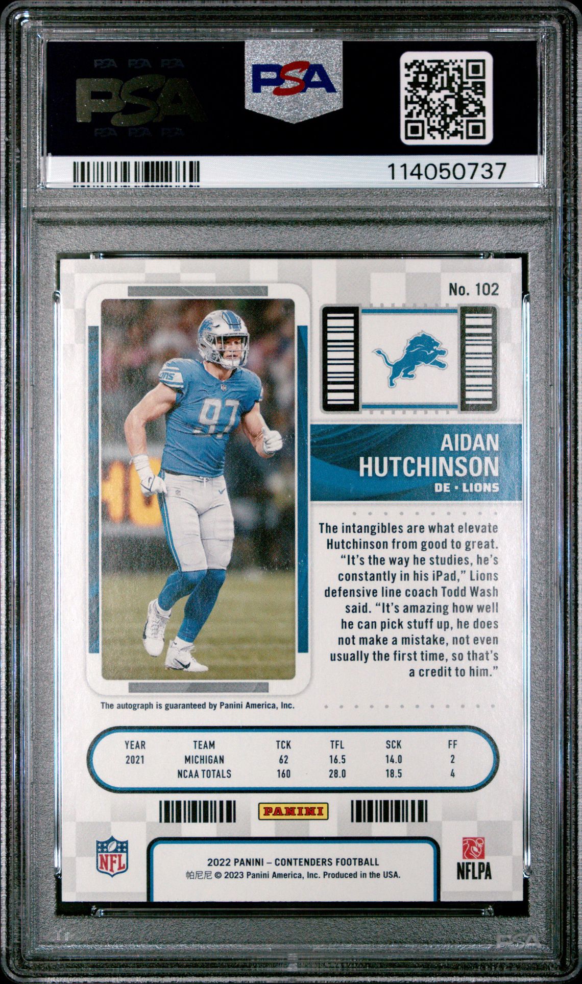 2022 Panini Contenders Aidan Hutchinson #102 (Autograph) Nm-Mt 8 back