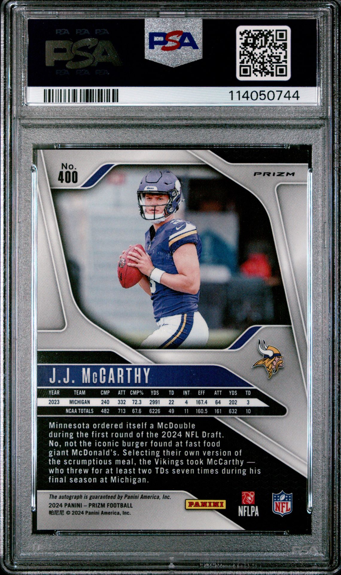 2024 Panini Prizm Jj Mccarthy #400 (Autograph-Pink Prizm) Mint 9 back