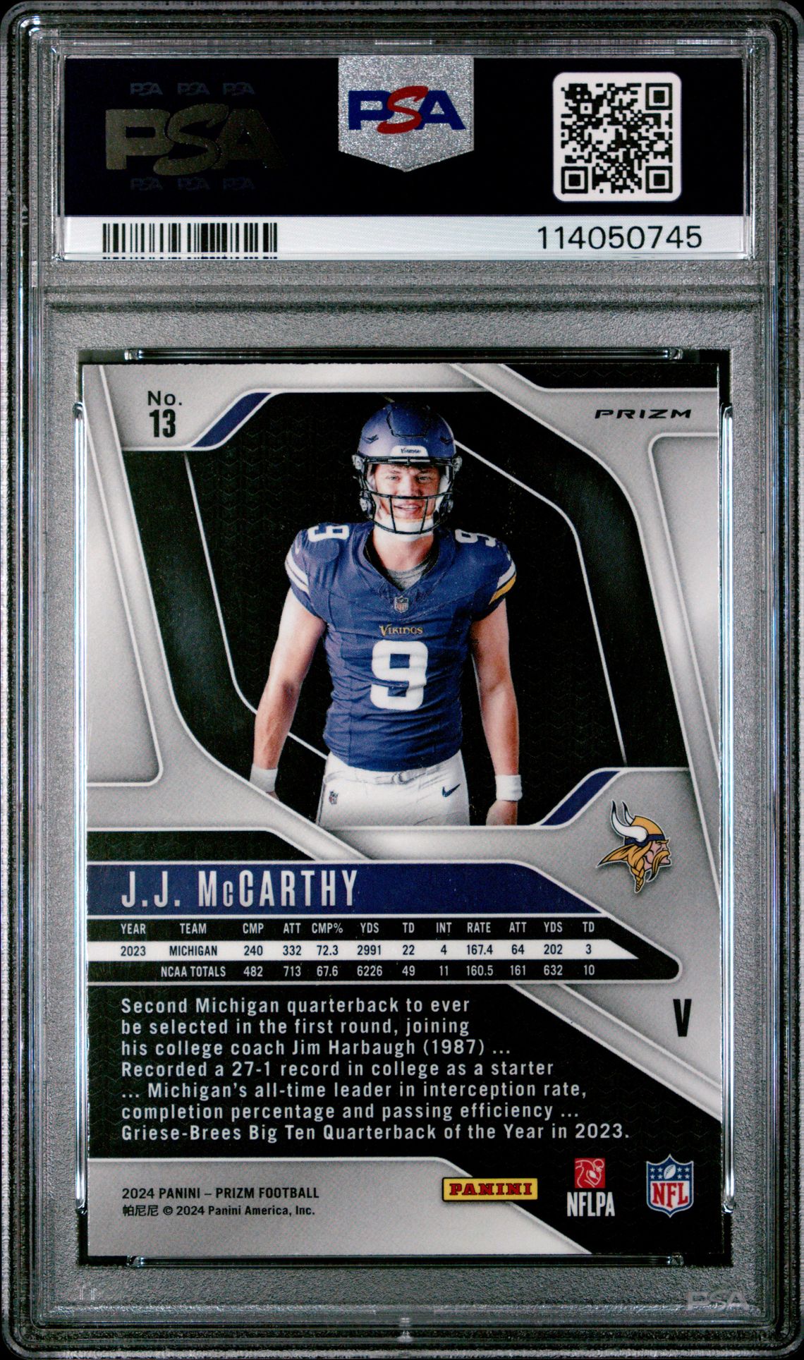 2024 Panini Prizm Rookie Variation Jj Mccarthy #13 (Rookie Variation-No Huddle) Gem Mt 10 back