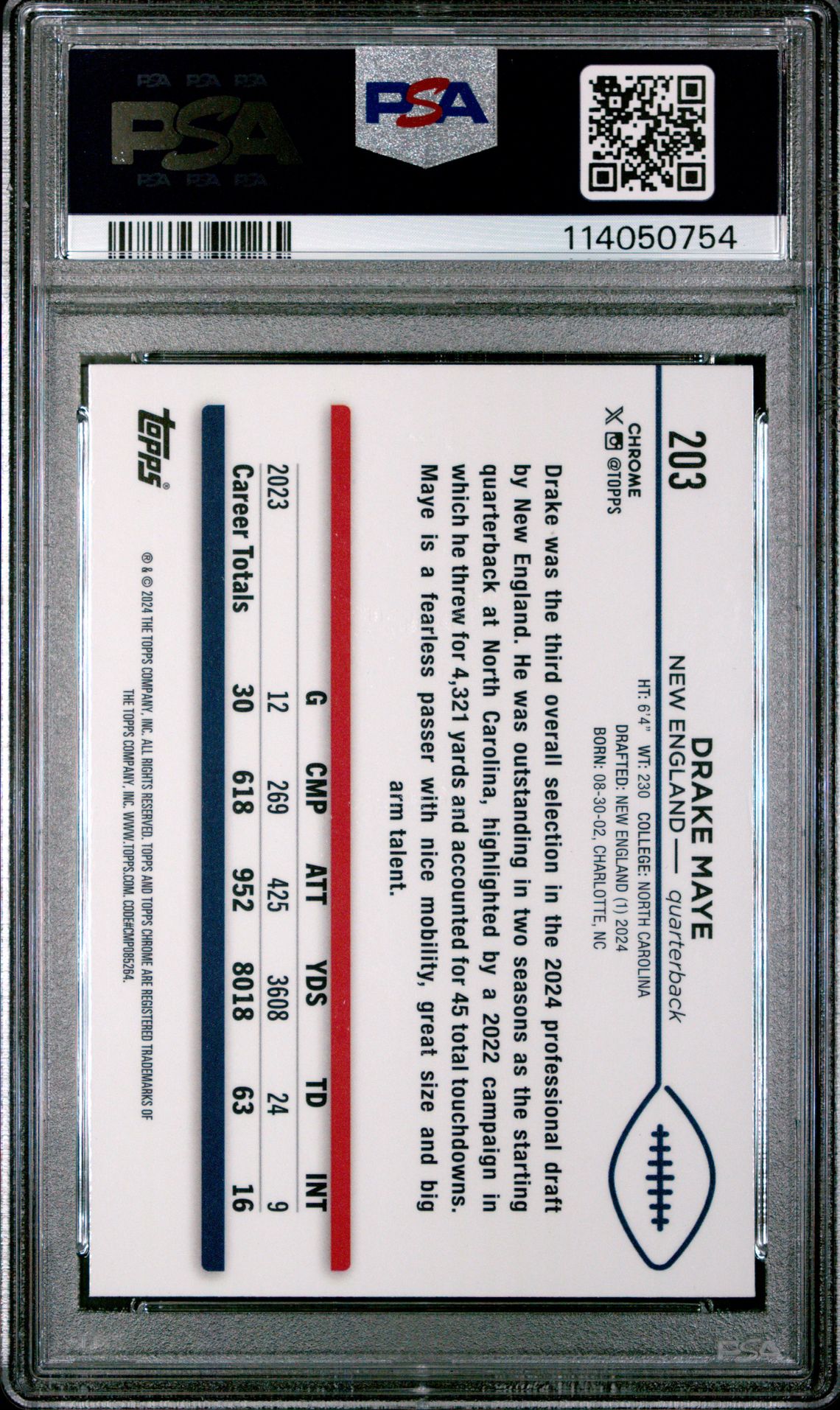 2024 Topps Chrome Drake Maye #203 (Prism Refractor) Mint 9 back