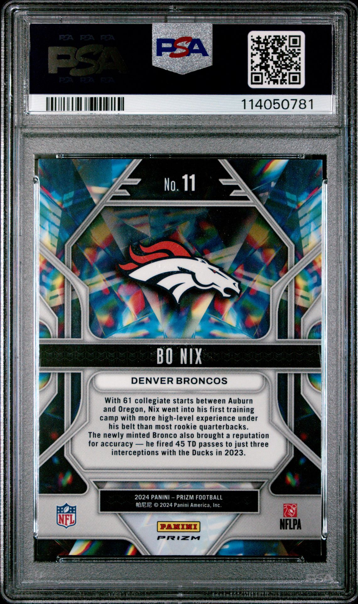 2024 Panini Prizm Prizmatic Bo Nix #11 (Prizmatic-Green Prizm) Gem Mt 10 back