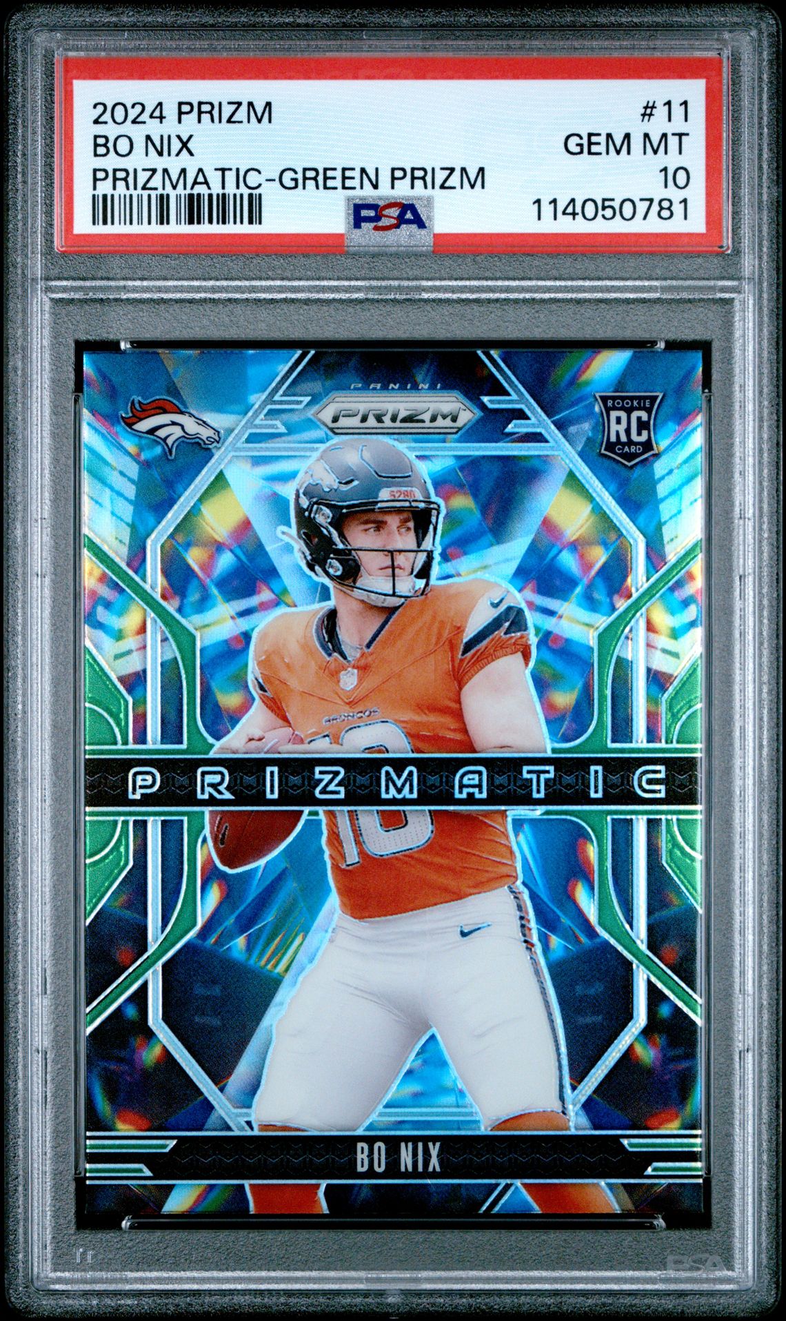2024 Panini Prizm Prizmatic Bo Nix #11 (Prizmatic-Green Prizm) Gem Mt 10 front