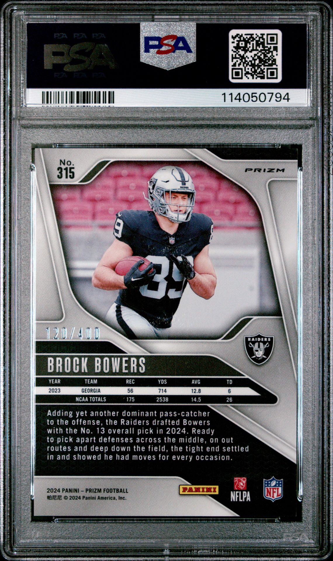 2024 Panini Prizm Brock Bowers #315 (Pandora) Mint 9 back